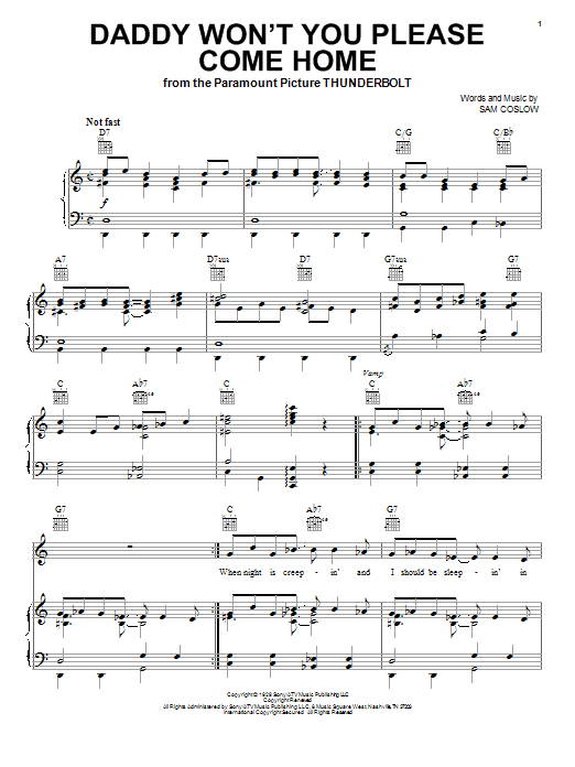 Download Sam Coslow Daddy Won't You Please Come Home Sheet Music and learn how to play Piano, Vocal & Guitar (Right-Hand Melody) PDF digital score in minutes