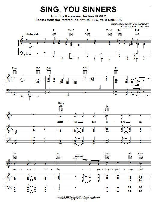 Download Sam Coslow Sing, You Sinners Sheet Music and learn how to play Real Book - Melody & Chords - C Instruments PDF digital score in minutes