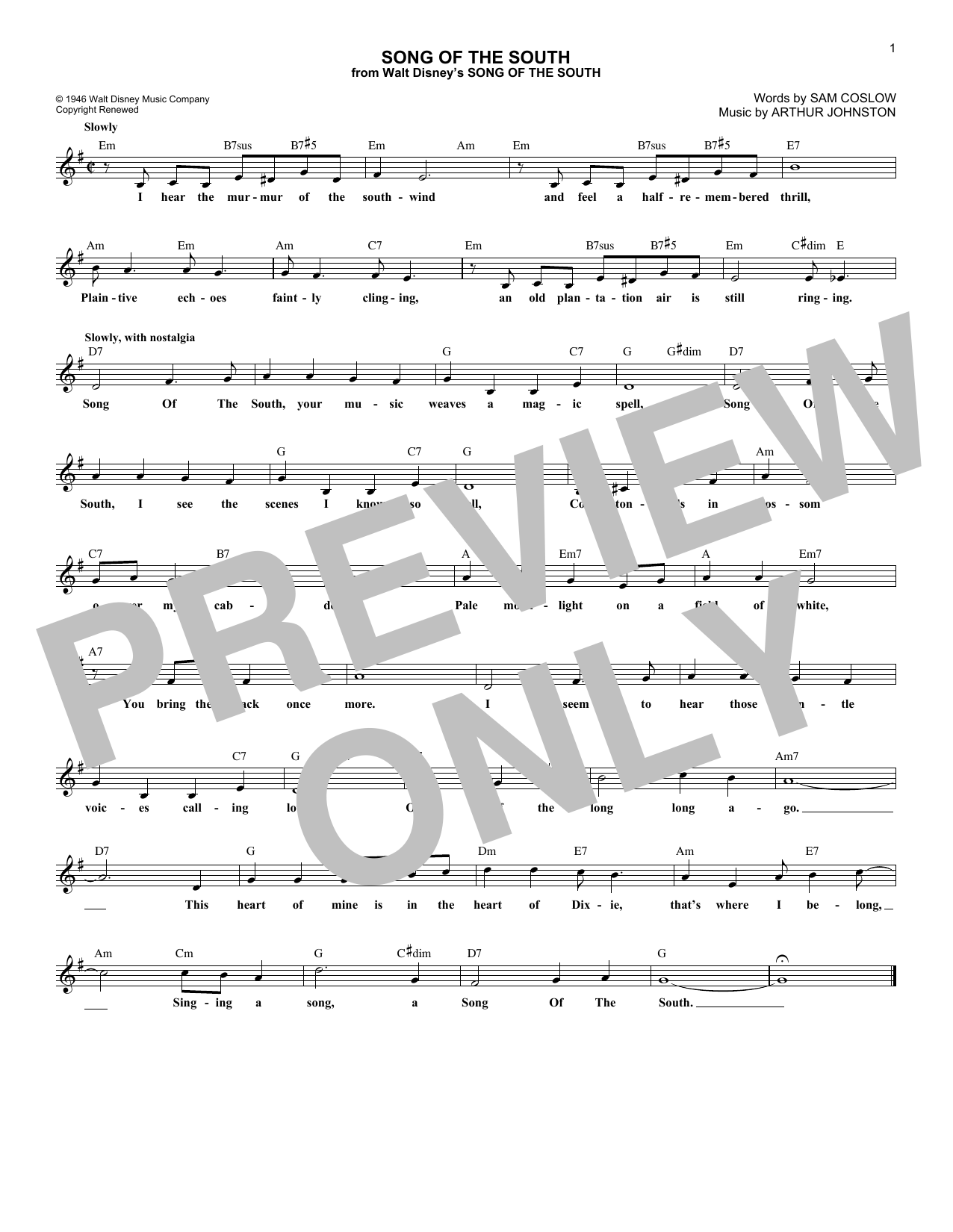 Download Sam Coslow Song Of The South Sheet Music and learn how to play Melody Line, Lyrics & Chords PDF digital score in minutes
