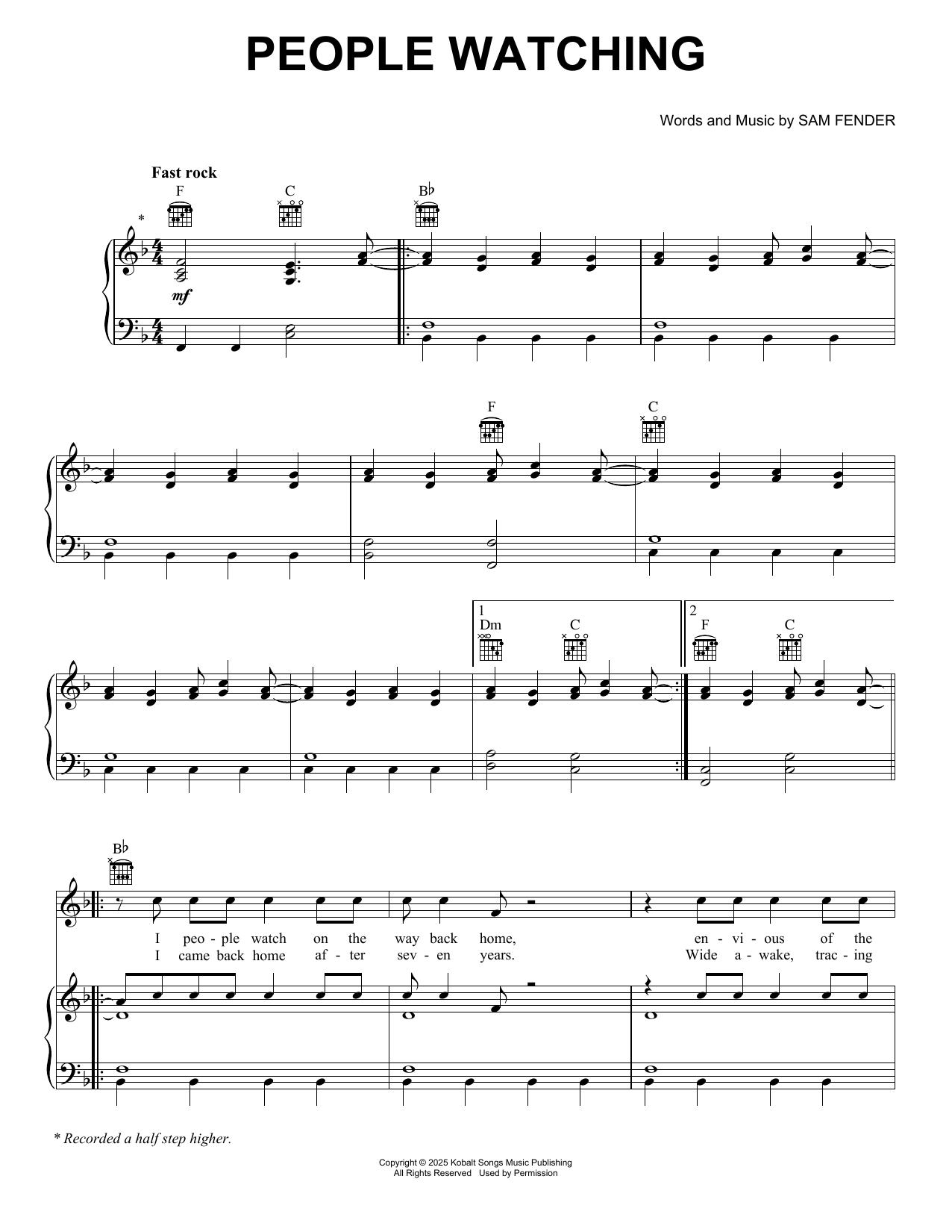 Download Sam Fender People Watching Sheet Music and learn how to play Easy Piano PDF digital score in minutes