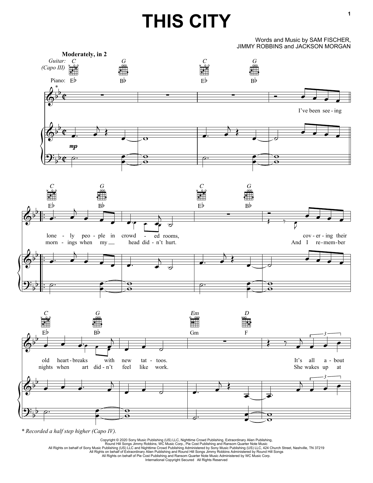 Download Sam Fischer This City Sheet Music and learn how to play Piano, Vocal & Guitar Chords (Right-Hand Melody) PDF digital score in minutes