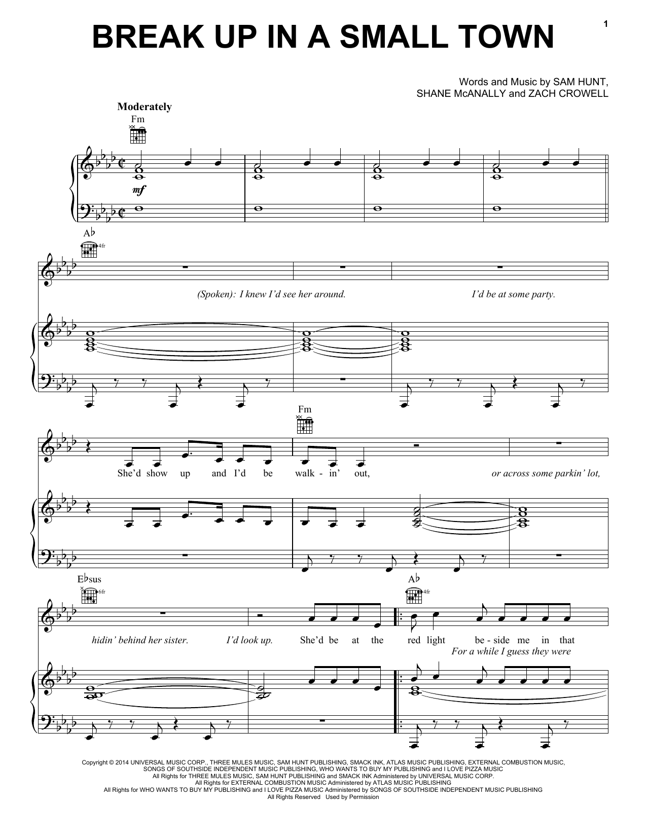 Download Sam Hunt Break Up In A Small Town Sheet Music and learn how to play Piano, Vocal & Guitar (Right-Hand Melody) PDF digital score in minutes