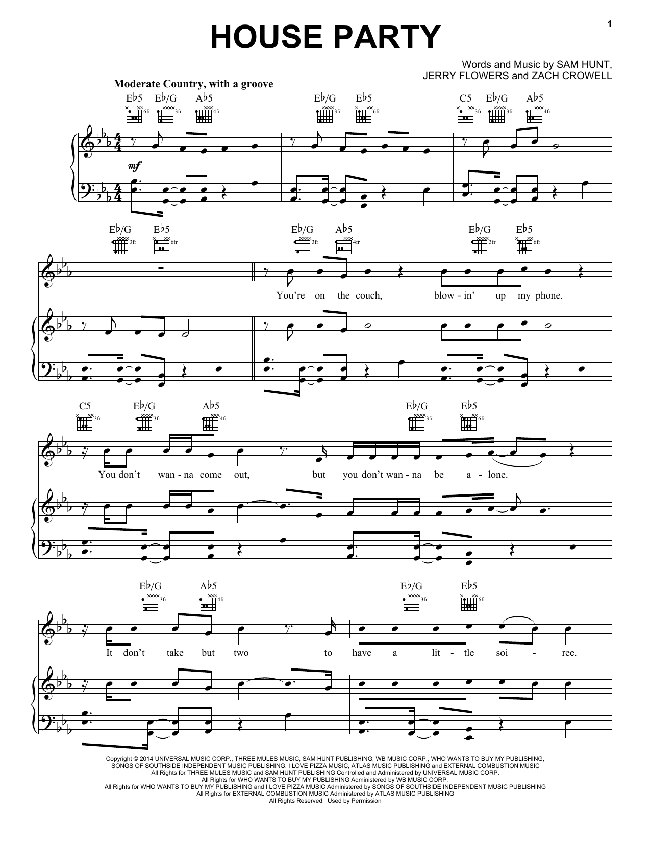 Download Sam Hunt House Party Sheet Music and learn how to play Piano, Vocal & Guitar (Right-Hand Melody) PDF digital score in minutes