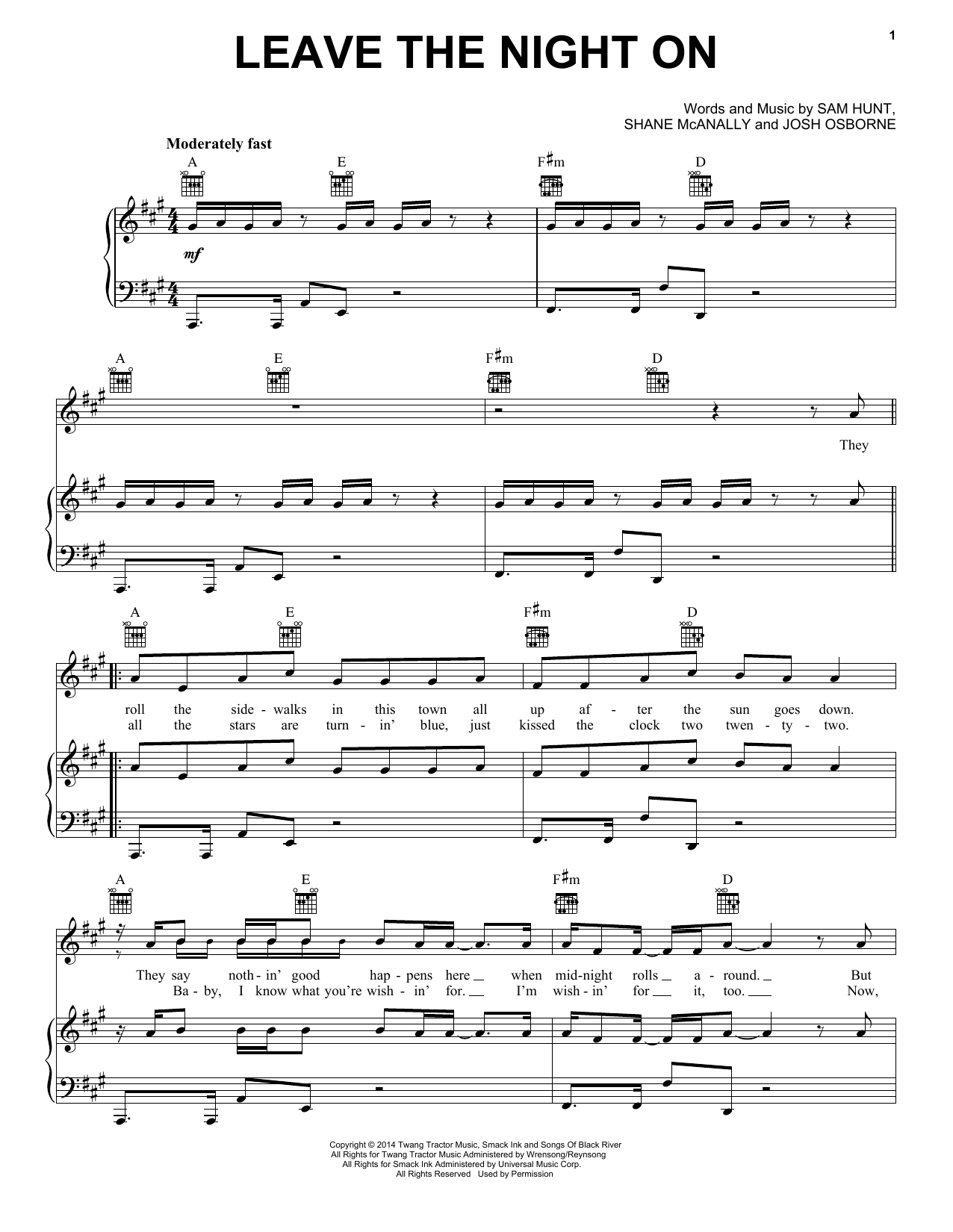 Download Sam Hunt Leave The Night On Sheet Music and learn how to play Piano, Vocal & Guitar (Right-Hand Melody) PDF digital score in minutes