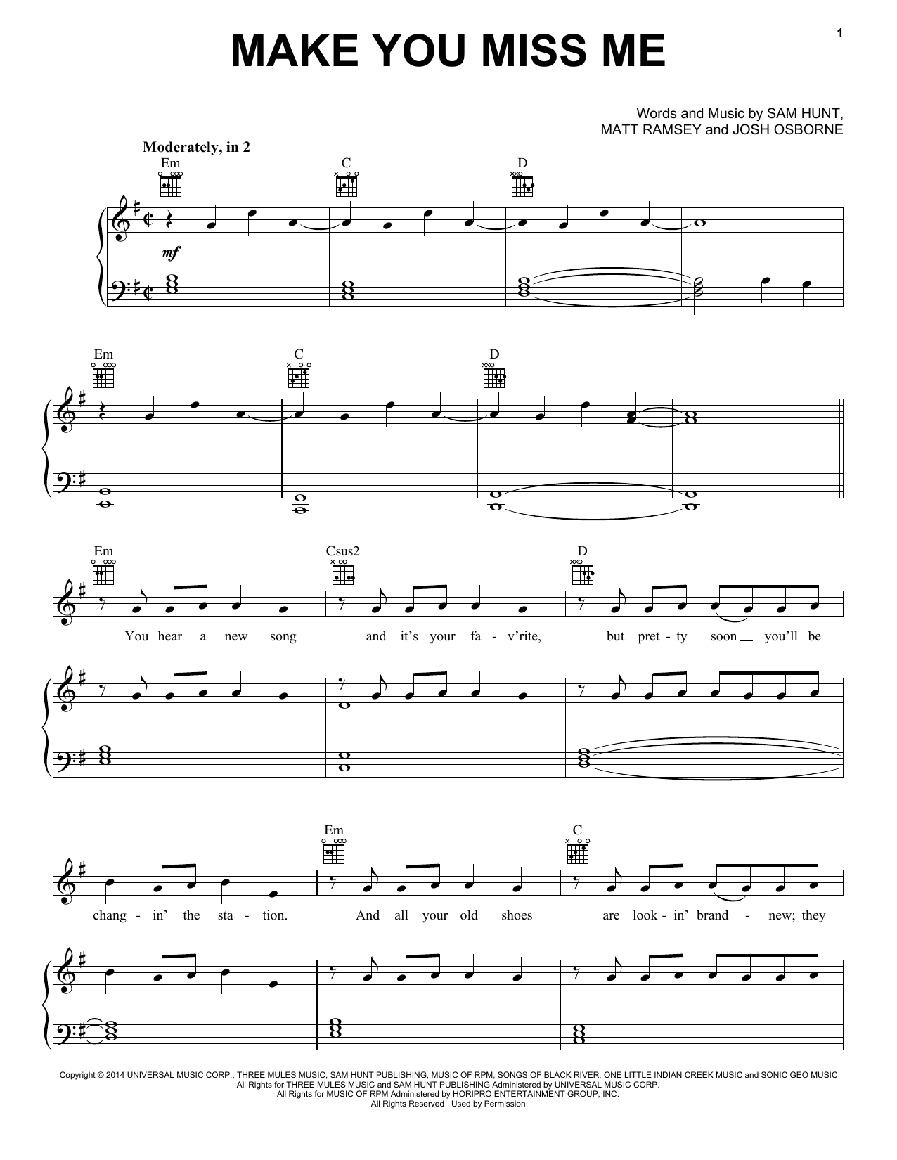 Download Sam Hunt Make You Miss Me Sheet Music and learn how to play Piano, Vocal & Guitar (Right-Hand Melody) PDF digital score in minutes