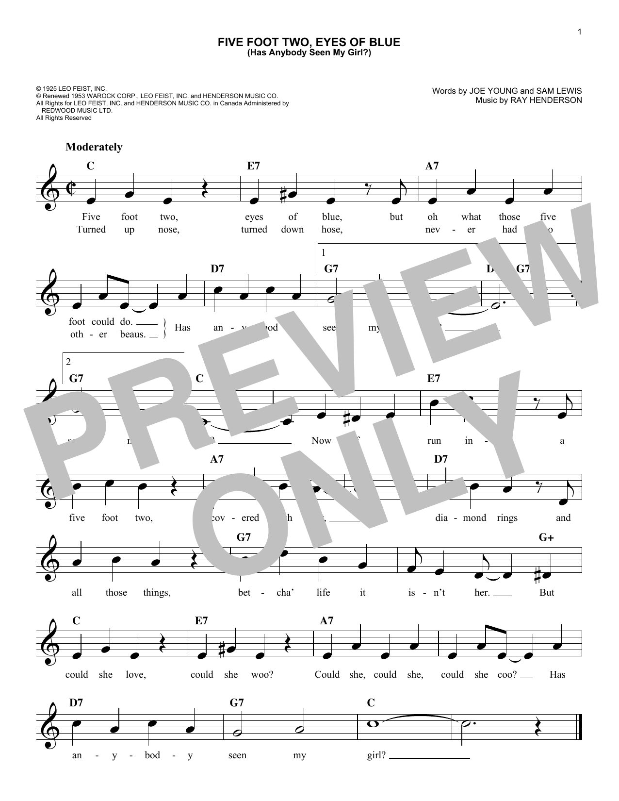 Download Sam Lewis Five Foot Two, Eyes Of Blue (Has Anybody Seen My Girl?) Sheet Music and learn how to play Melody Line, Lyrics & Chords PDF digital score in minutes