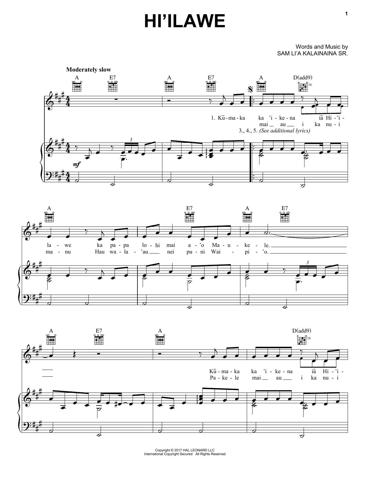 Download Gabby Pahinui Hi'ilawe Sheet Music and learn how to play Piano, Vocal & Guitar (Right-Hand Melody) PDF digital score in minutes