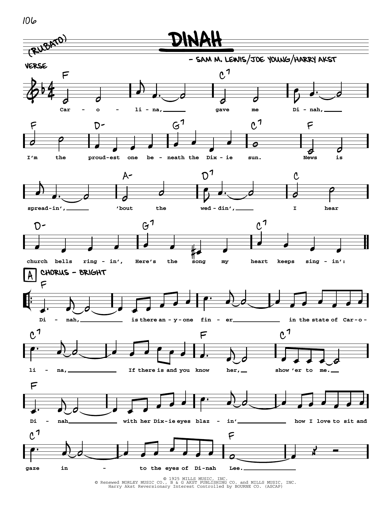 Download Sam M. Lewis Dinah (arr. Robert Rawlins) Sheet Music and learn how to play Real Book – Melody, Lyrics & Chords PDF digital score in minutes