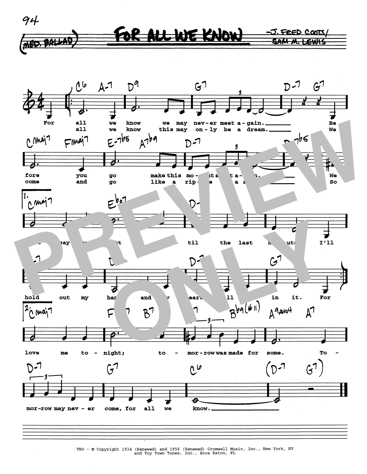 Download Sam M. Lewis For All We Know (Low Voice) Sheet Music and learn how to play Real Book – Melody, Lyrics & Chords PDF digital score in minutes