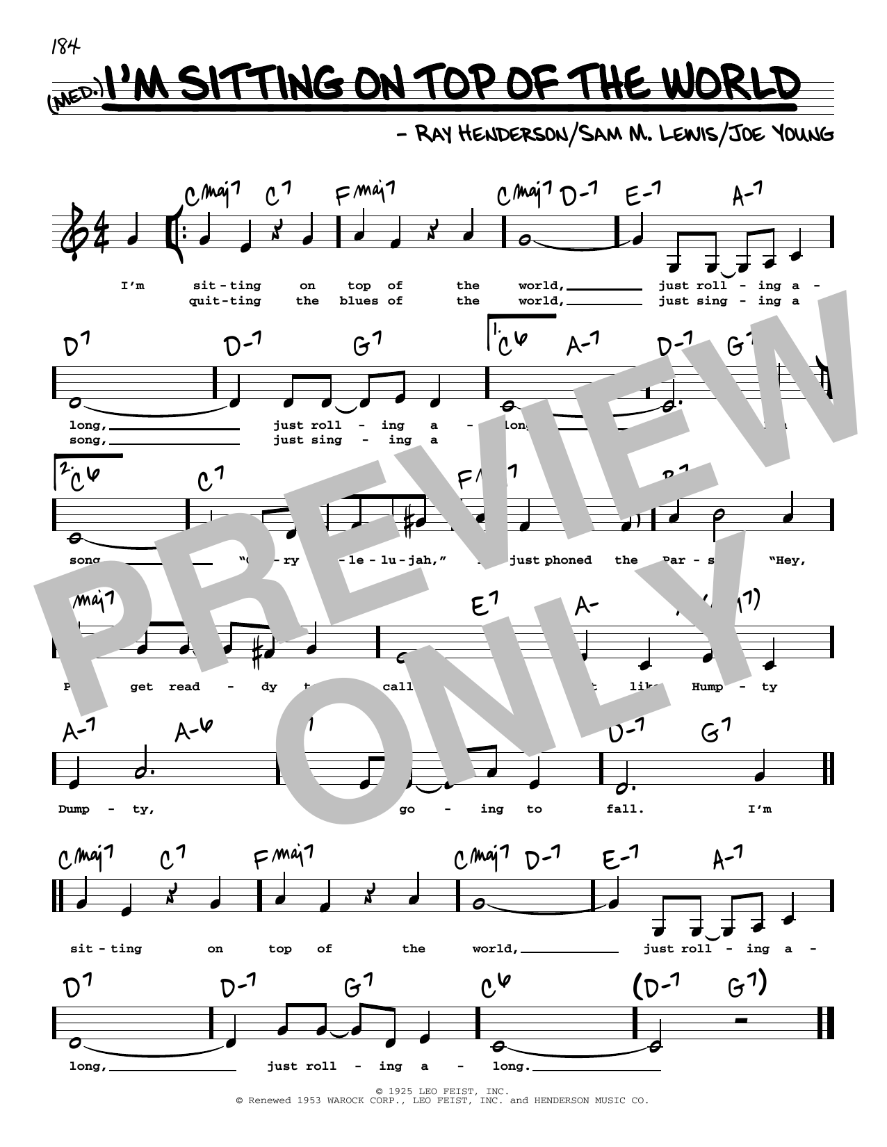 Download Sam M. Lewis I'm Sitting On Top Of The World (Low Voice) Sheet Music and learn how to play Real Book – Melody, Lyrics & Chords PDF digital score in minutes