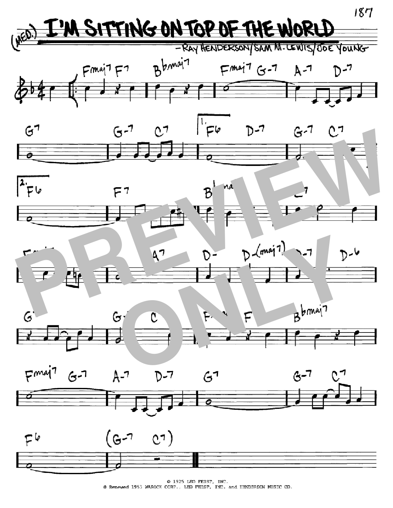 Download Sam M. Lewis I'm Sitting On Top Of The World Sheet Music and learn how to play Real Book - Melody & Chords - C Instruments PDF digital score in minutes