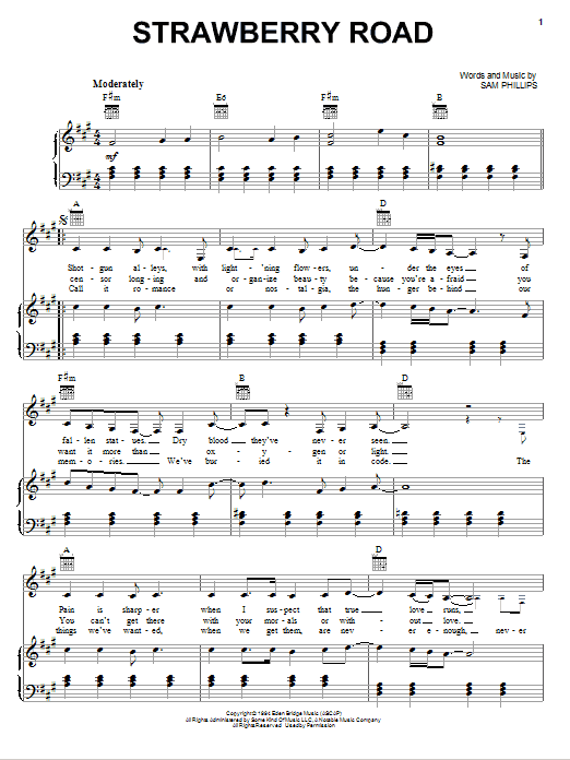 Download Sam Phillips Strawberry Road Sheet Music and learn how to play Piano, Vocal & Guitar (Right-Hand Melody) PDF digital score in minutes