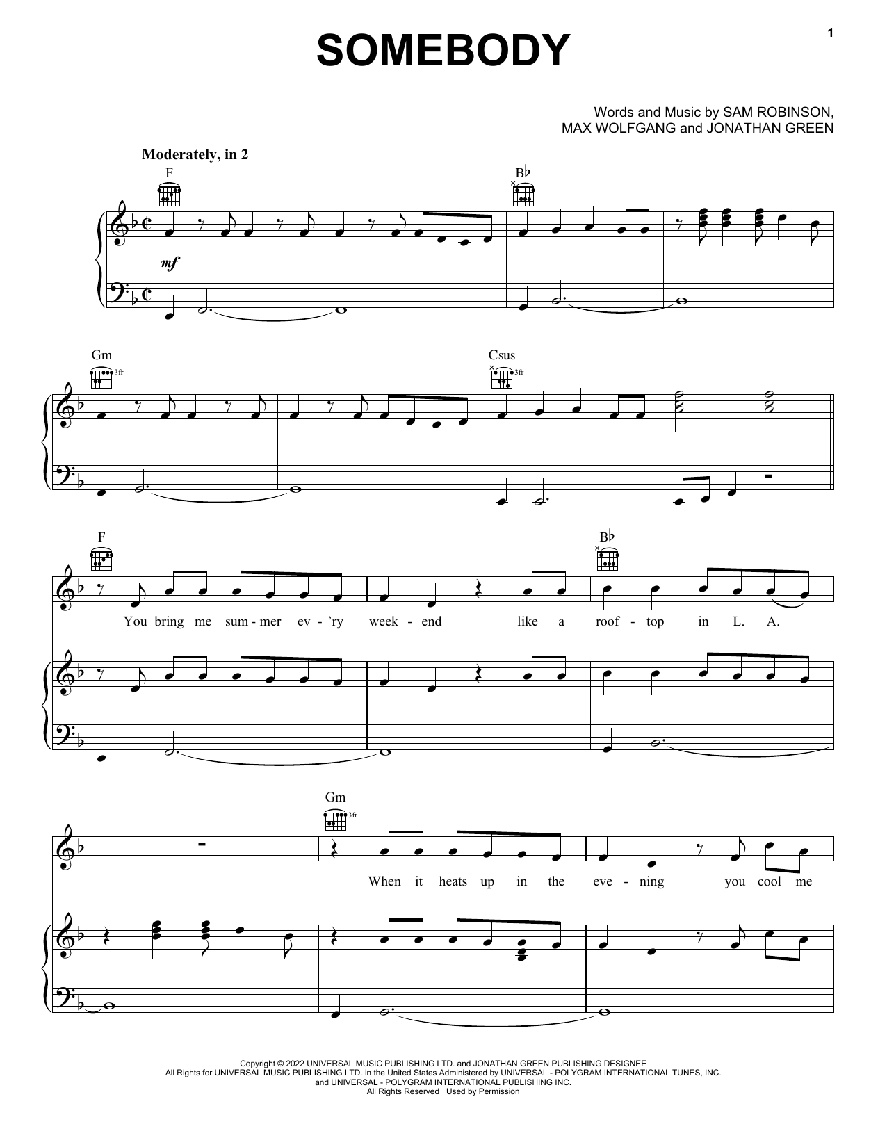 Download Sam Ryder Somebody Sheet Music and learn how to play Piano, Vocal & Guitar Chords (Right-Hand Melody) PDF digital score in minutes