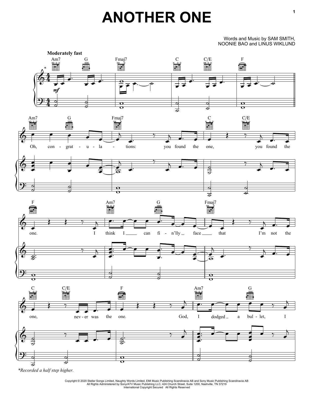 Download Sam Smith Another One Sheet Music and learn how to play Piano, Vocal & Guitar Chords (Right-Hand Melody) PDF digital score in minutes