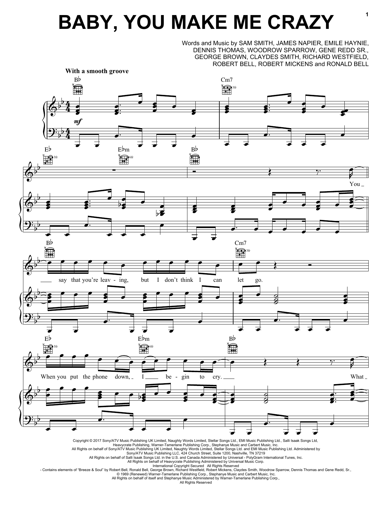 Download Sam Smith Baby, You Make Me Crazy Sheet Music and learn how to play Piano, Vocal & Guitar (Right-Hand Melody) PDF digital score in minutes