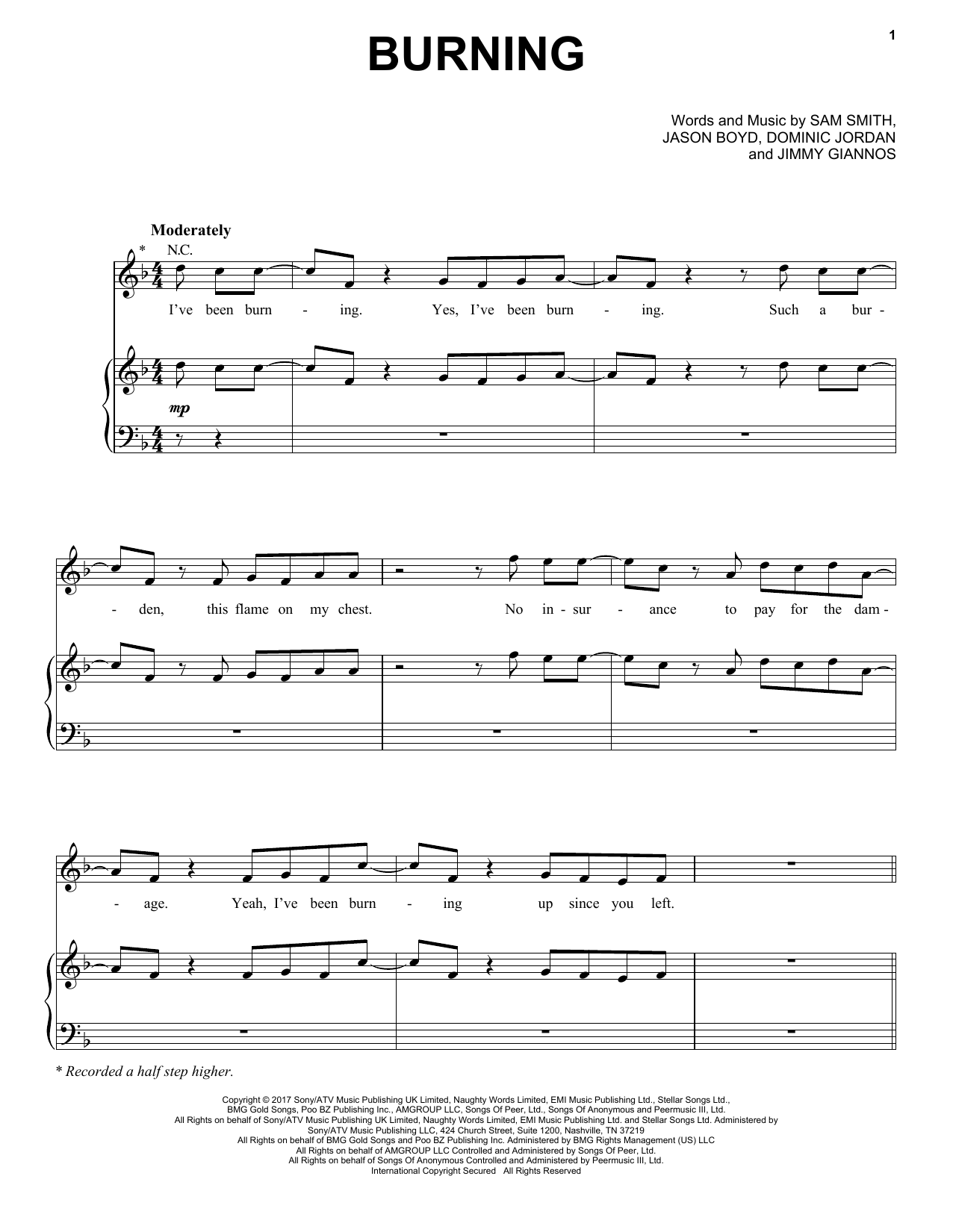 Download Sam Smith Burning Sheet Music and learn how to play Easy Piano PDF digital score in minutes