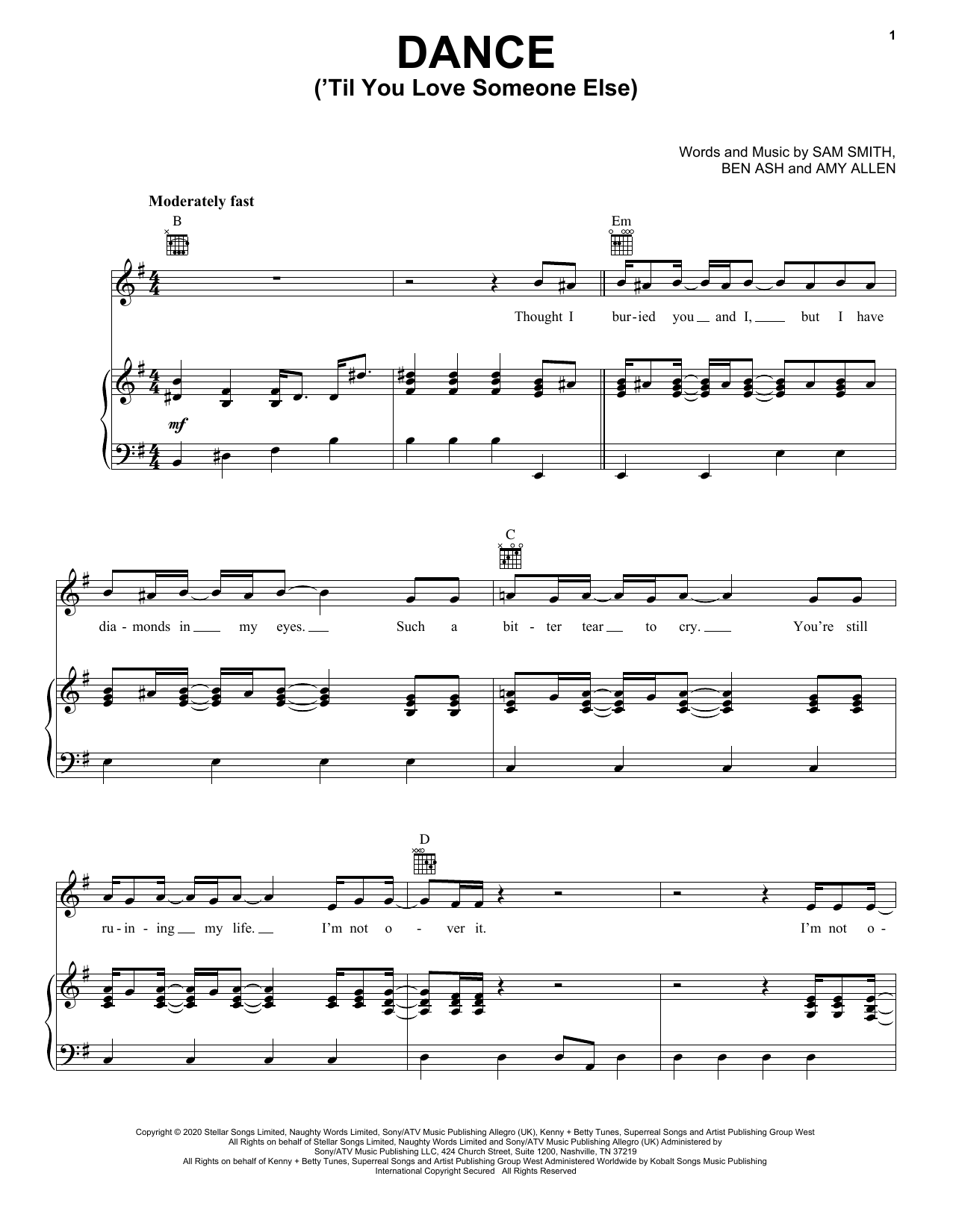 Download Sam Smith Dance ('Til You Love Someone Else) Sheet Music and learn how to play Piano, Vocal & Guitar Chords (Right-Hand Melody) PDF digital score in minutes