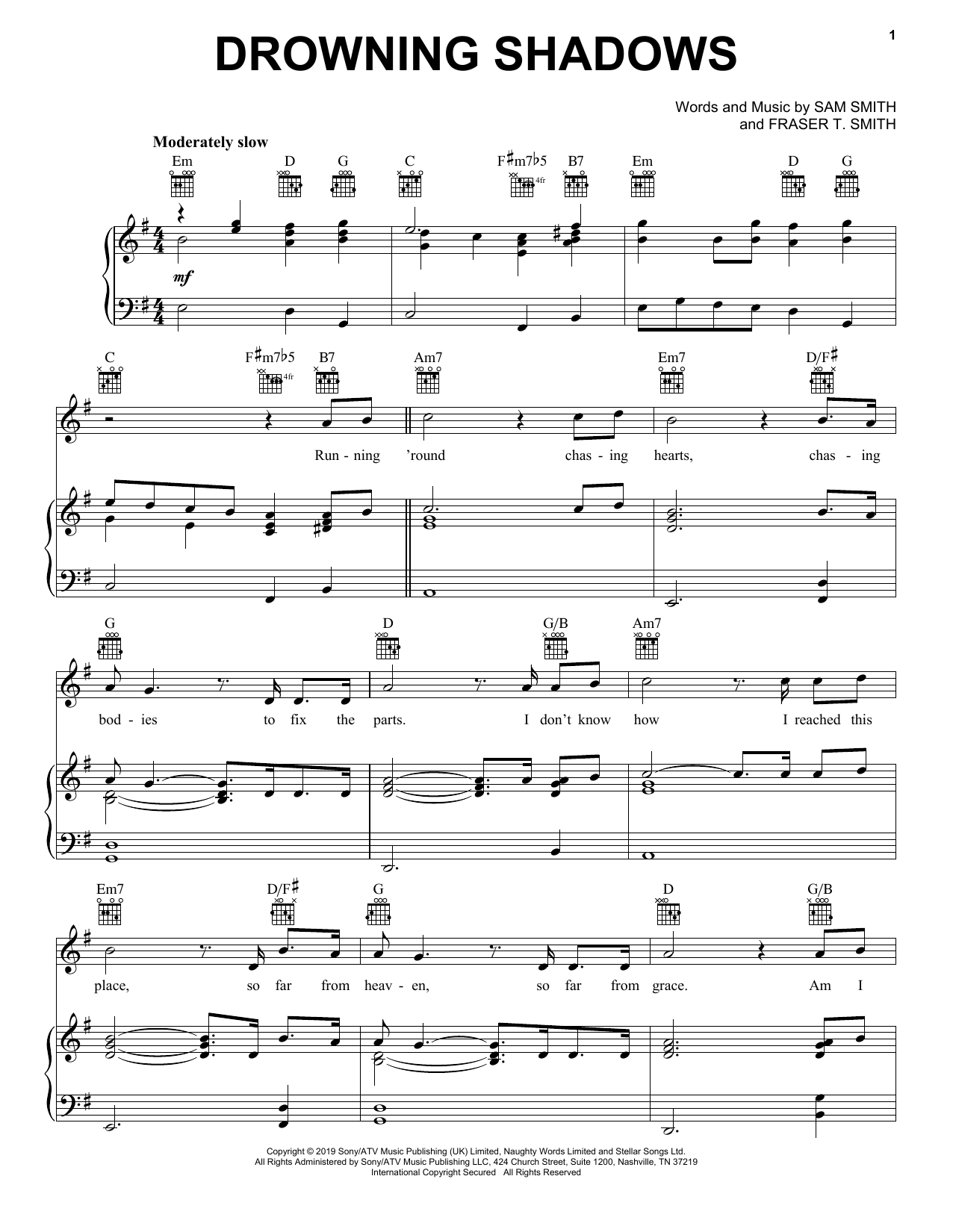 Download Sam Smith Drowning Shadows Sheet Music and learn how to play Piano, Vocal & Guitar Chords (Right-Hand Melody) PDF digital score in minutes