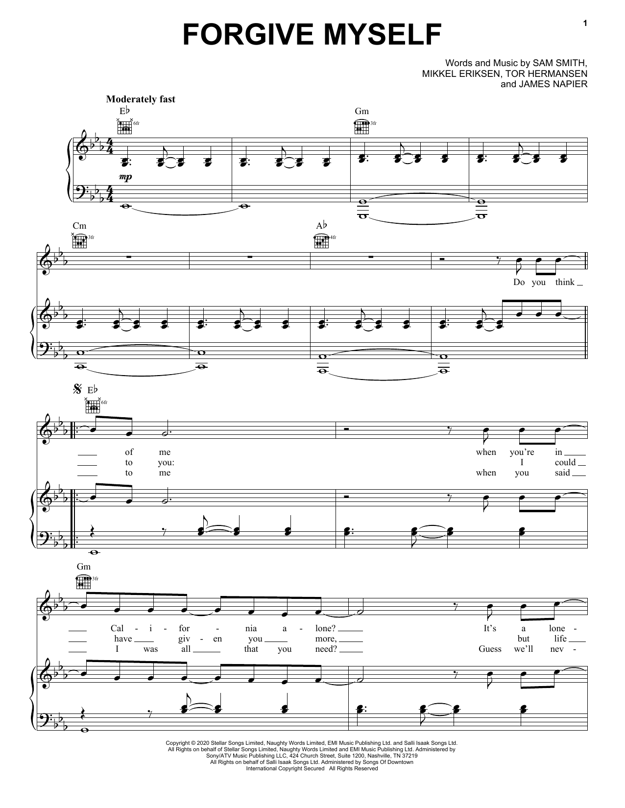 Download Sam Smith Forgive Myself Sheet Music and learn how to play Piano, Vocal & Guitar Chords (Right-Hand Melody) PDF digital score in minutes