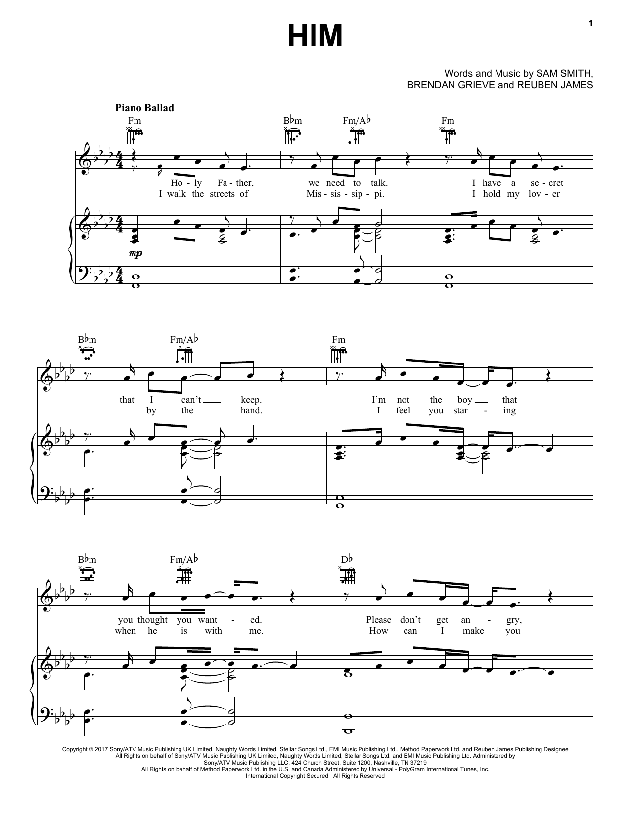 Download Sam Smith Him Sheet Music and learn how to play Easy Piano PDF digital score in minutes