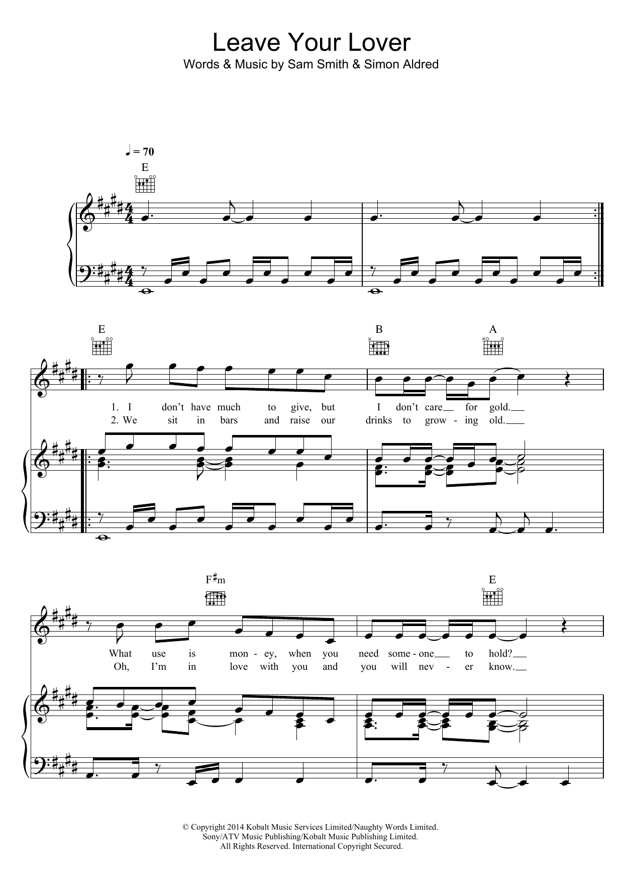 Download Sam Smith Leave Your Lover Sheet Music and learn how to play Piano, Vocal & Guitar (Right-Hand Melody) PDF digital score in minutes