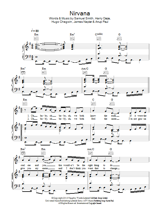 Download Sam Smith Nirvana Sheet Music and learn how to play Piano, Vocal & Guitar (Right-Hand Melody) PDF digital score in minutes