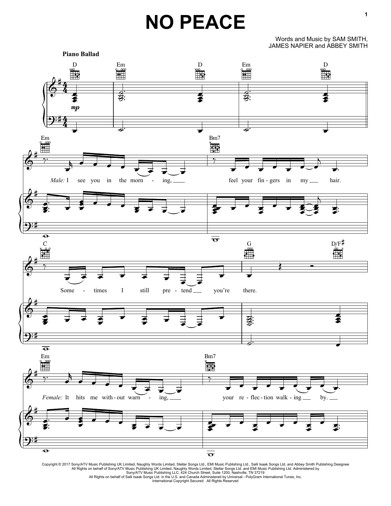 Download Sam Smith No Peace (feat. Yebba) Sheet Music and learn how to play Piano, Vocal & Guitar (Right-Hand Melody) PDF digital score in minutes
