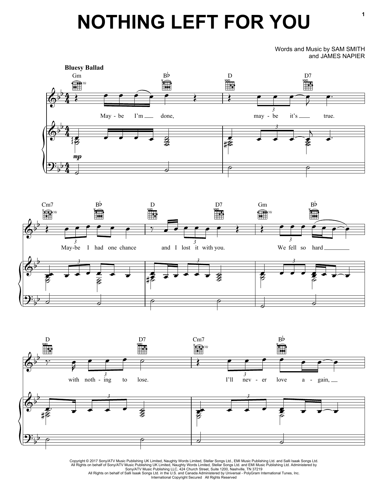 Download Sam Smith Nothing Left For You Sheet Music and learn how to play Piano, Vocal & Guitar (Right-Hand Melody) PDF digital score in minutes
