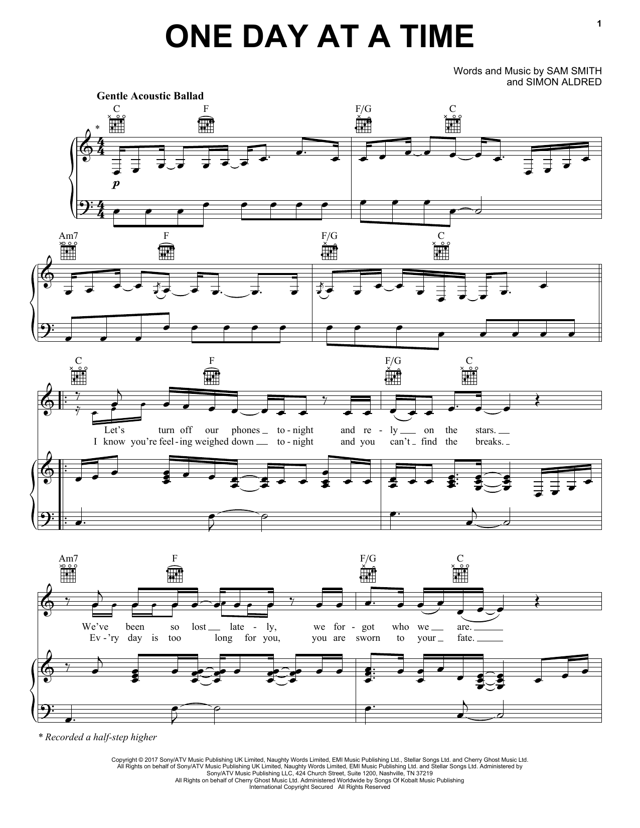 Download Sam Smith One Day At A Time Sheet Music and learn how to play Piano, Vocal & Guitar (Right-Hand Melody) PDF digital score in minutes