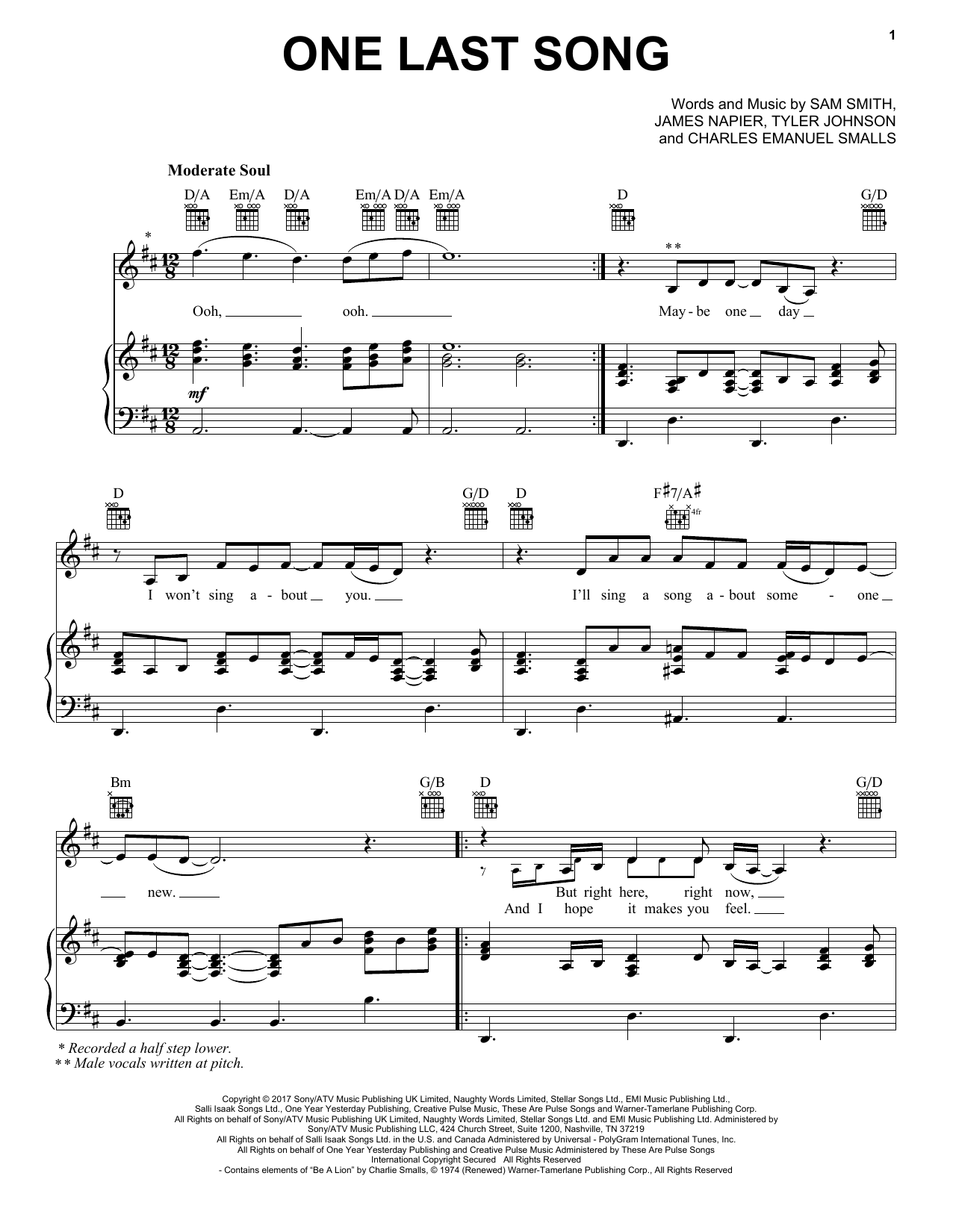 Download Sam Smith One Last Song Sheet Music and learn how to play Piano, Vocal & Guitar (Right-Hand Melody) PDF digital score in minutes