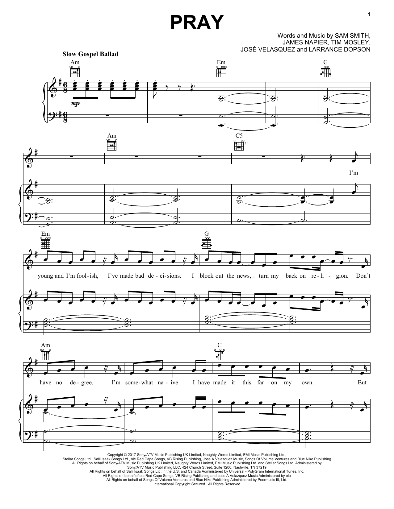 Download Sam Smith Pray Sheet Music and learn how to play Piano, Vocal & Guitar (Right-Hand Melody) PDF digital score in minutes