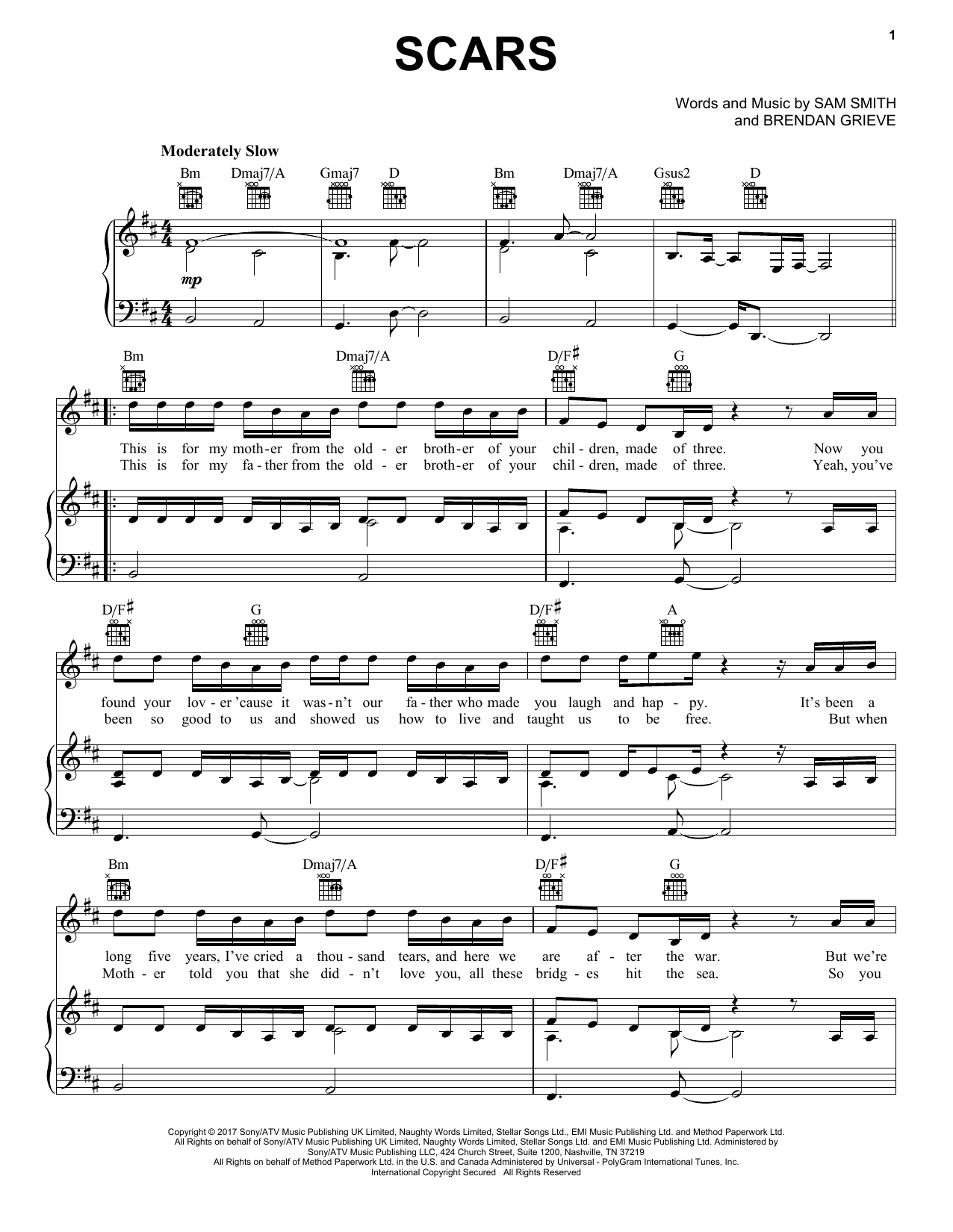 Download Sam Smith Scars Sheet Music and learn how to play Easy Piano PDF digital score in minutes