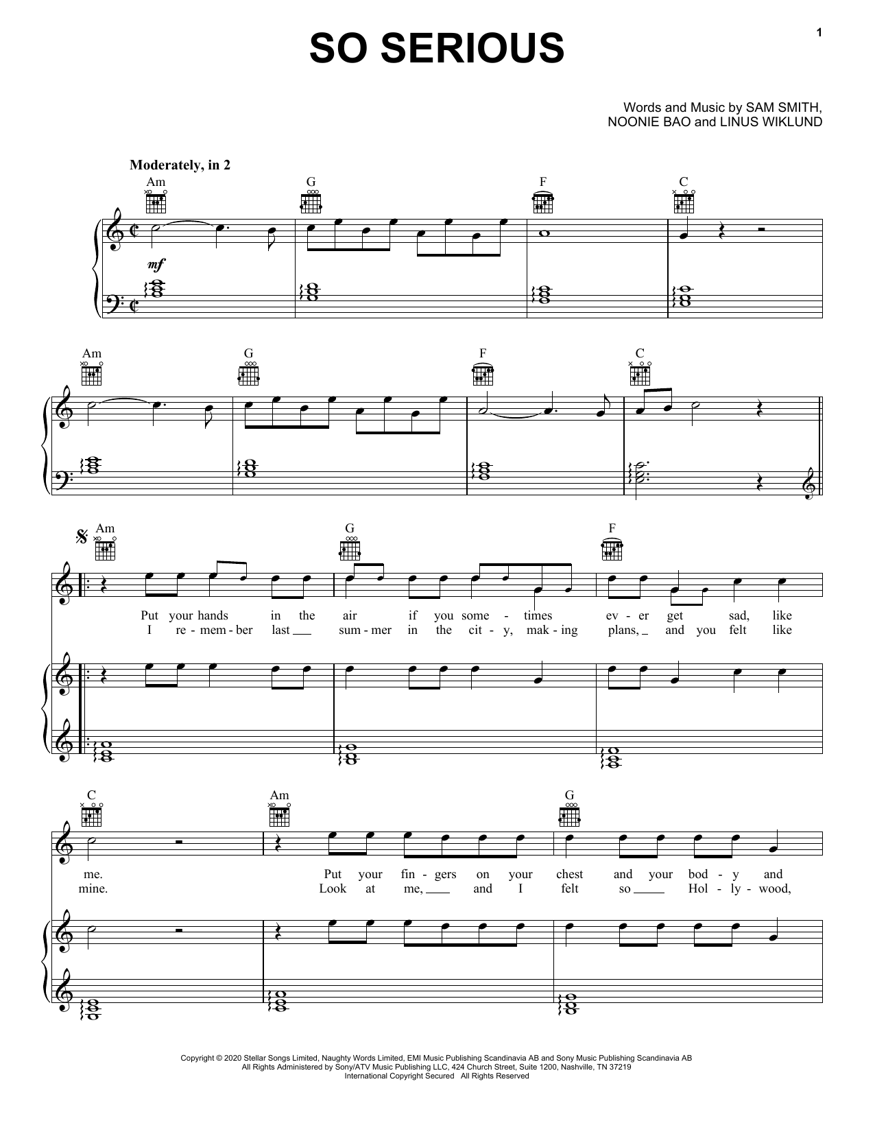 Download Sam Smith So Serious Sheet Music and learn how to play Piano, Vocal & Guitar Chords (Right-Hand Melody) PDF digital score in minutes