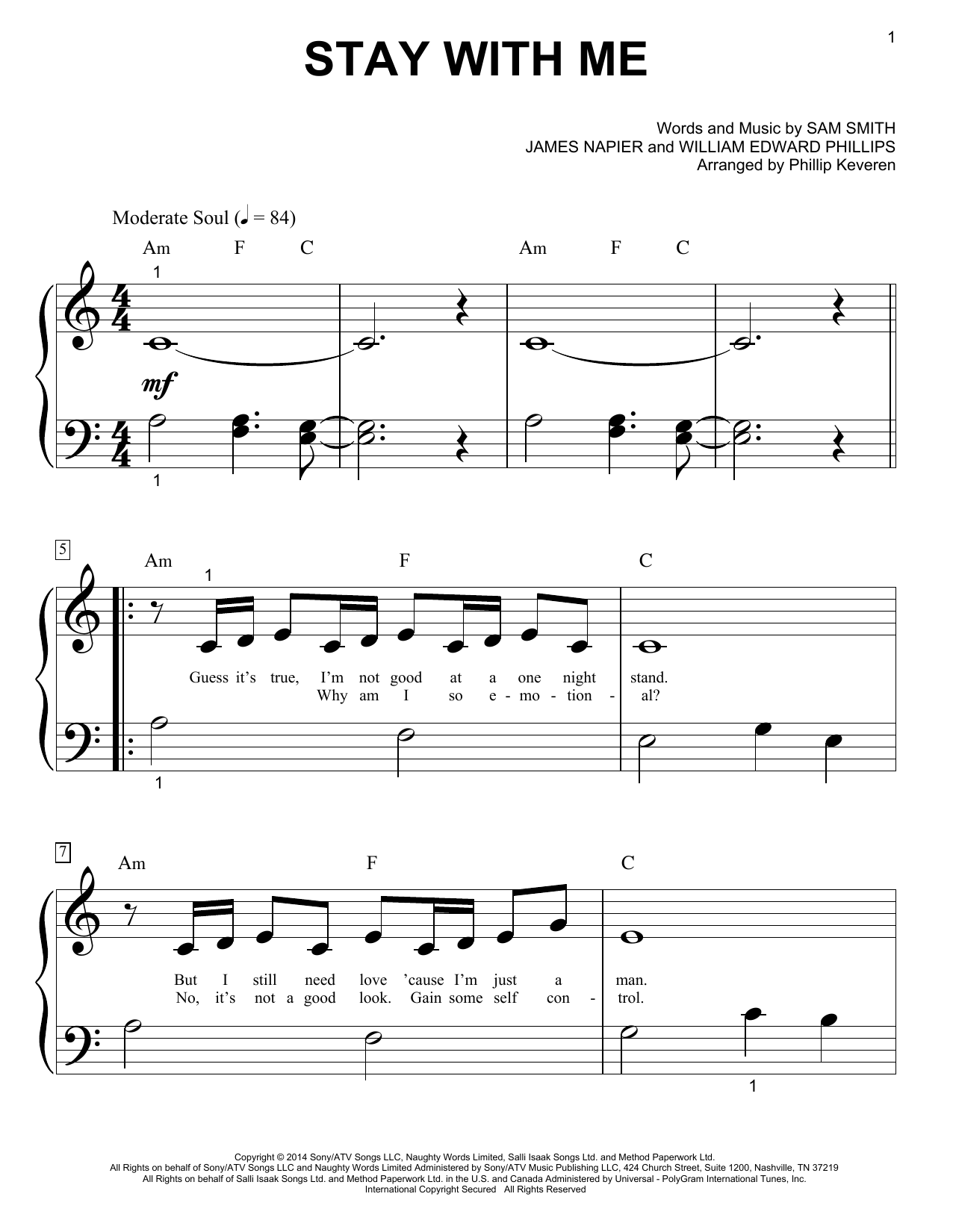 Download Sam Smith Stay With Me Sheet Music and learn how to play Piano (Big Notes) PDF digital score in minutes