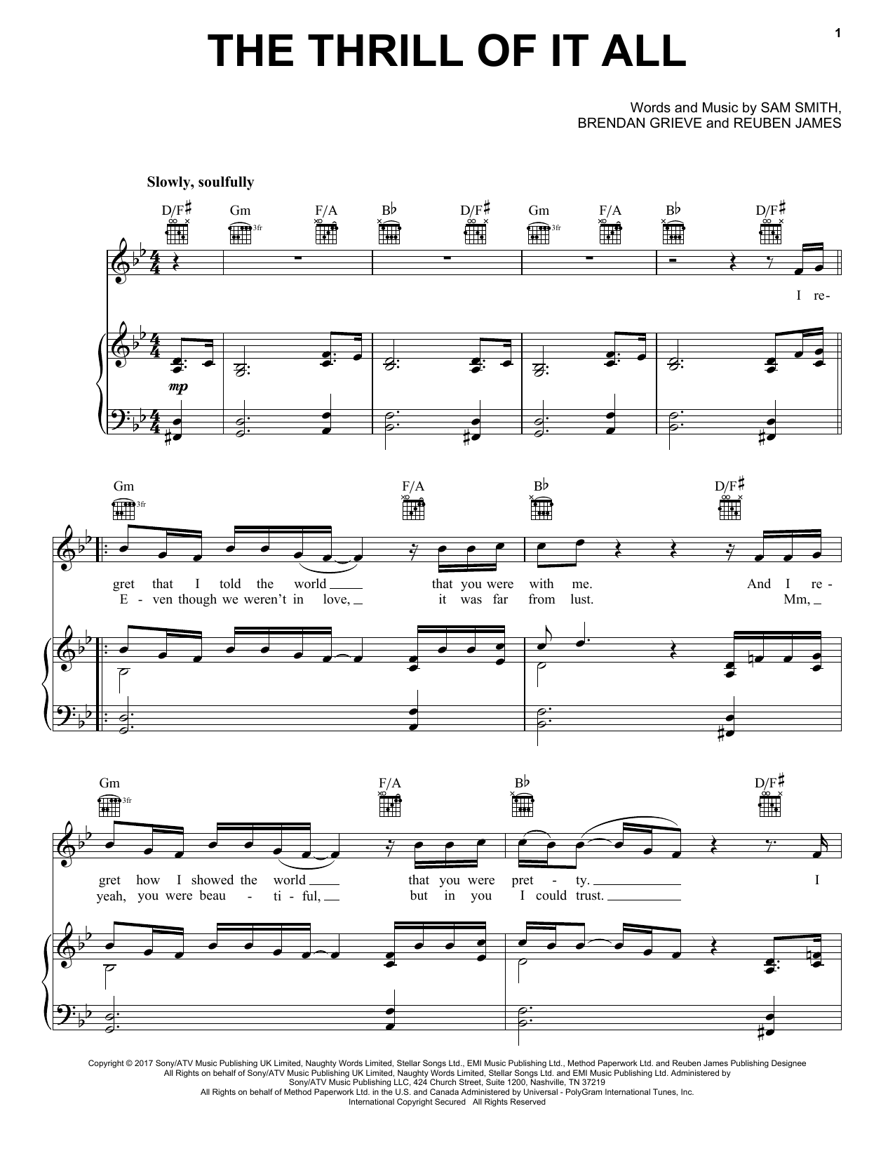 Download Sam Smith The Thrill Of It All Sheet Music and learn how to play Piano, Vocal & Guitar (Right-Hand Melody) PDF digital score in minutes