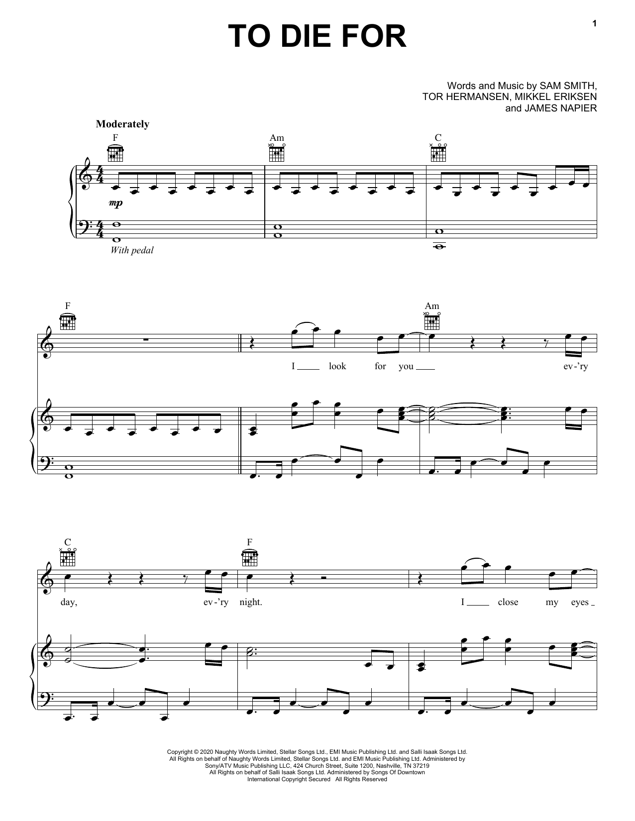 Download Sam Smith To Die For Sheet Music and learn how to play Piano, Vocal & Guitar Chords (Right-Hand Melody) PDF digital score in minutes