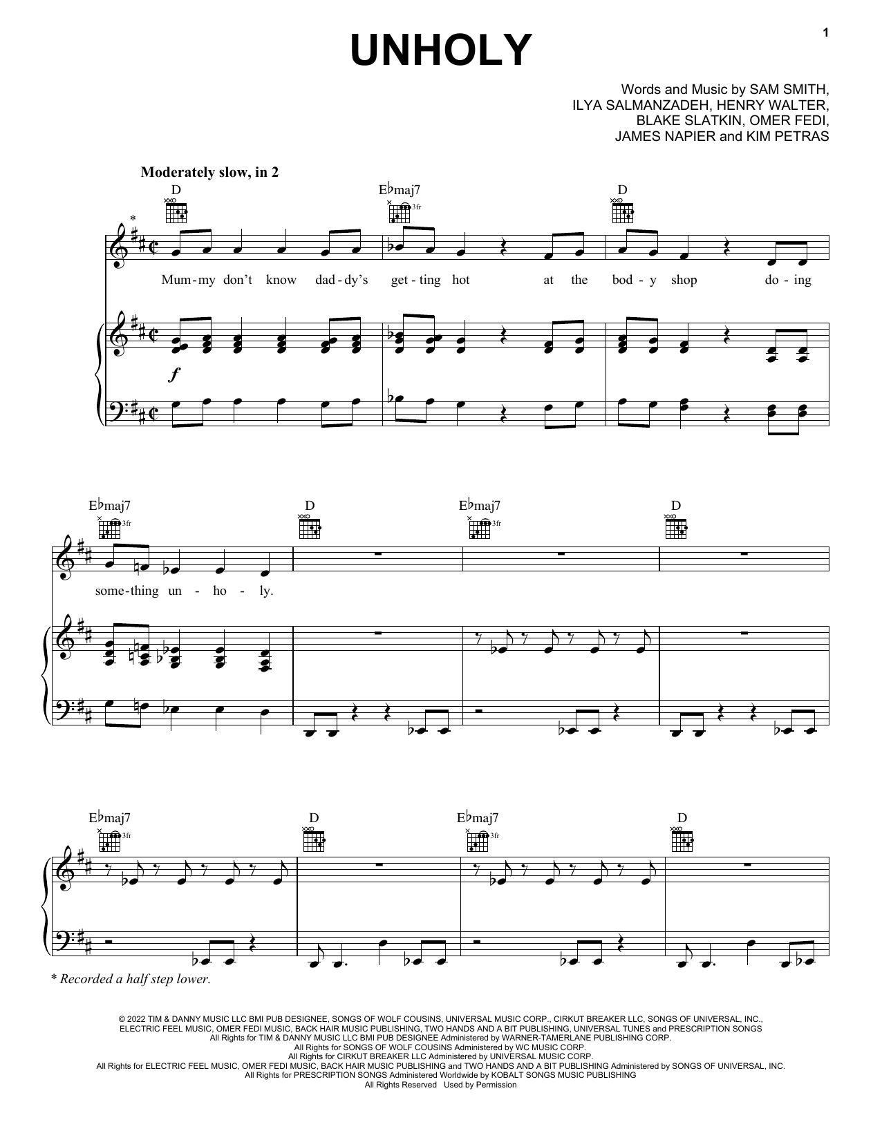 Download Sam Smith Unholy (feat. Kim Petras) Sheet Music and learn how to play Piano, Vocal & Guitar Chords (Right-Hand Melody) PDF digital score in minutes