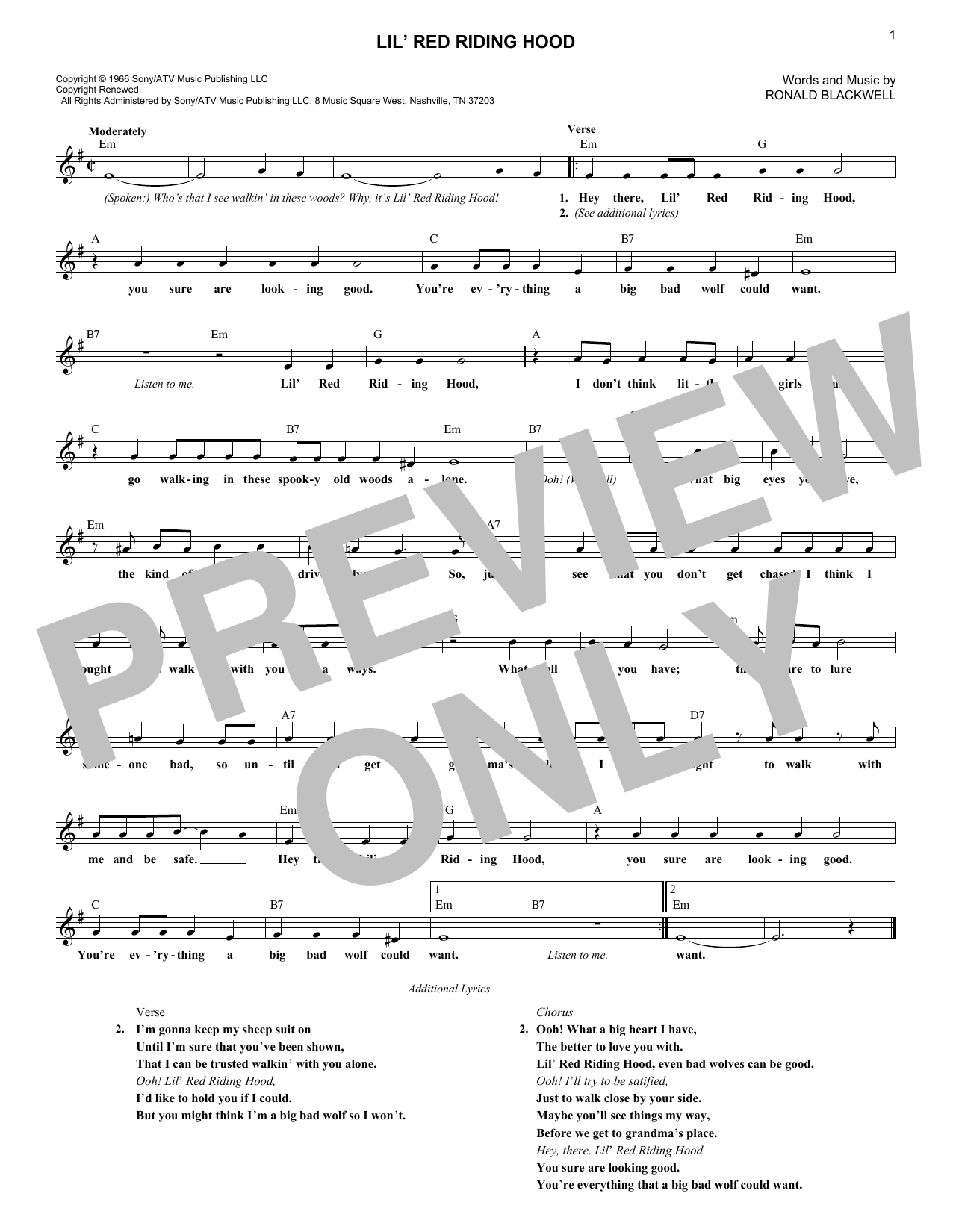 Download Sam The Sham & The Pharoahs Lil' Red Riding Hood Sheet Music and learn how to play Melody Line, Lyrics & Chords PDF digital score in minutes