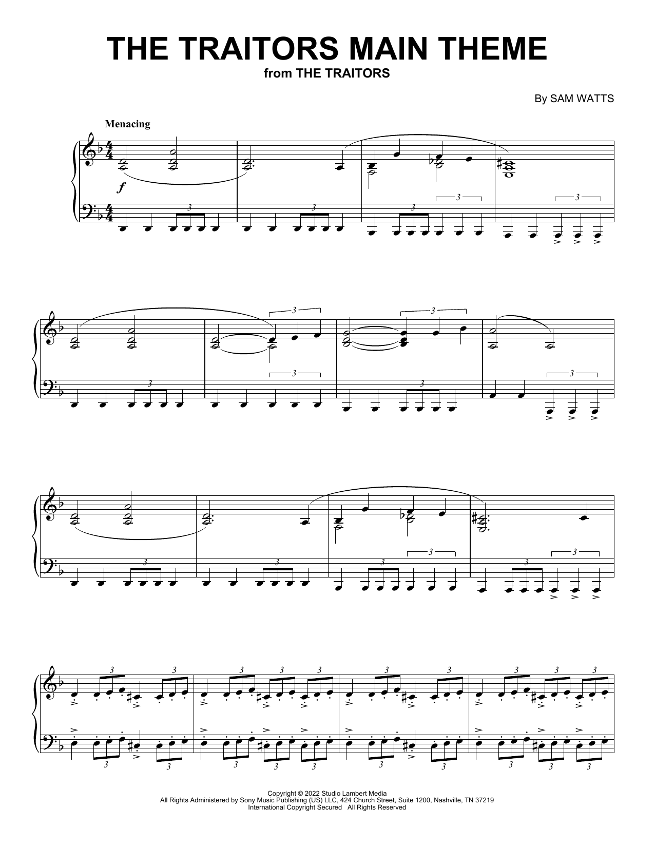 Download Sam Watts The Traitors Main Theme Sheet Music and learn how to play Piano Solo PDF digital score in minutes