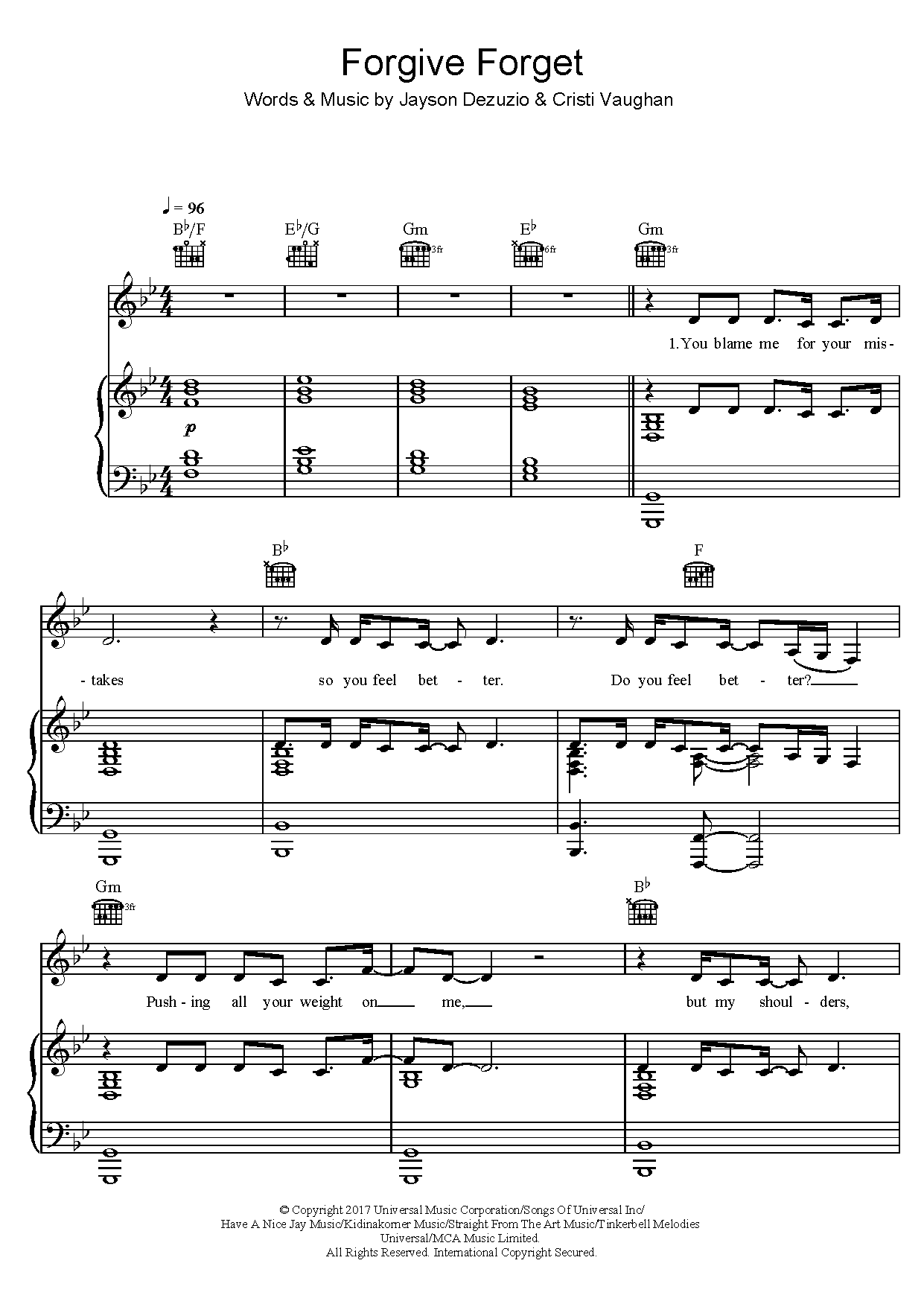 Download Samantha Harvey Forgive Forget Sheet Music and learn how to play Piano, Vocal & Guitar (Right-Hand Melody) PDF digital score in minutes