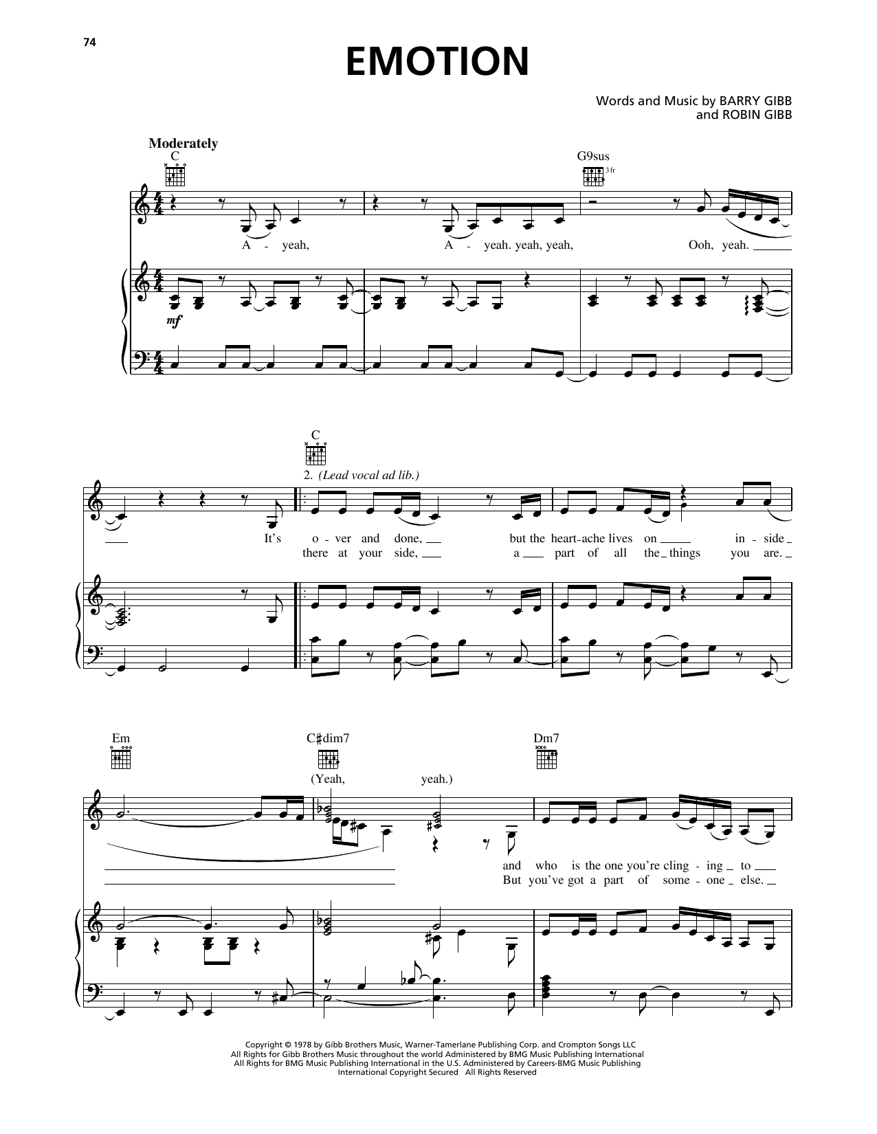 Download Samantha Sang Emotion Sheet Music and learn how to play Piano, Vocal & Guitar Chords (Right-Hand Melody) PDF digital score in minutes