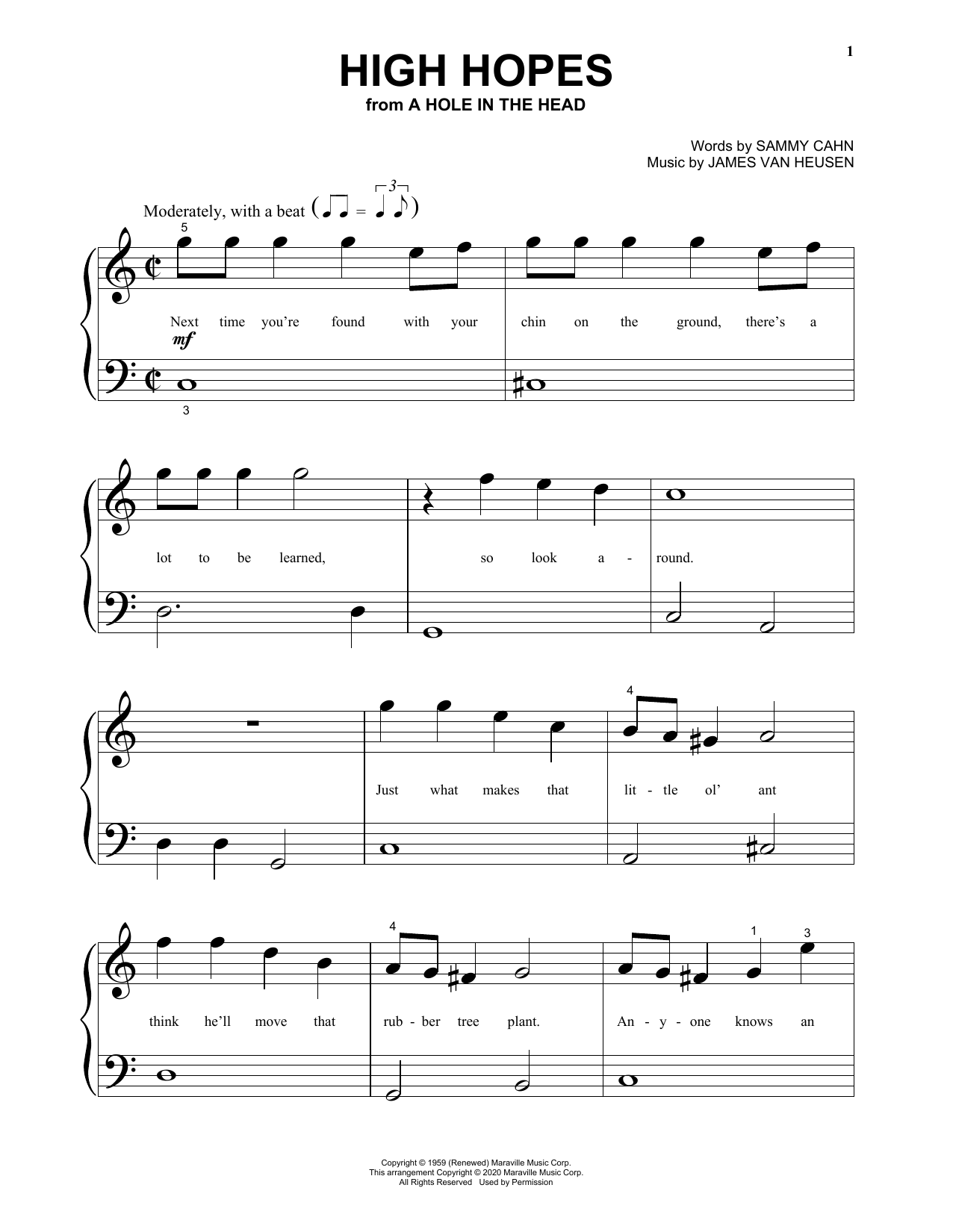 Download Sammy Cahn & James Van Heusen High Hopes (from A Hole In the Head) Sheet Music and learn how to play Big Note Piano PDF digital score in minutes