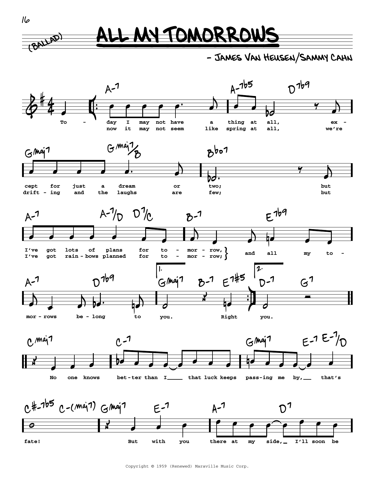 Download Sammy Cahn All My Tomorrows (High Voice) Sheet Music and learn how to play Real Book – Melody, Lyrics & Chords PDF digital score in minutes