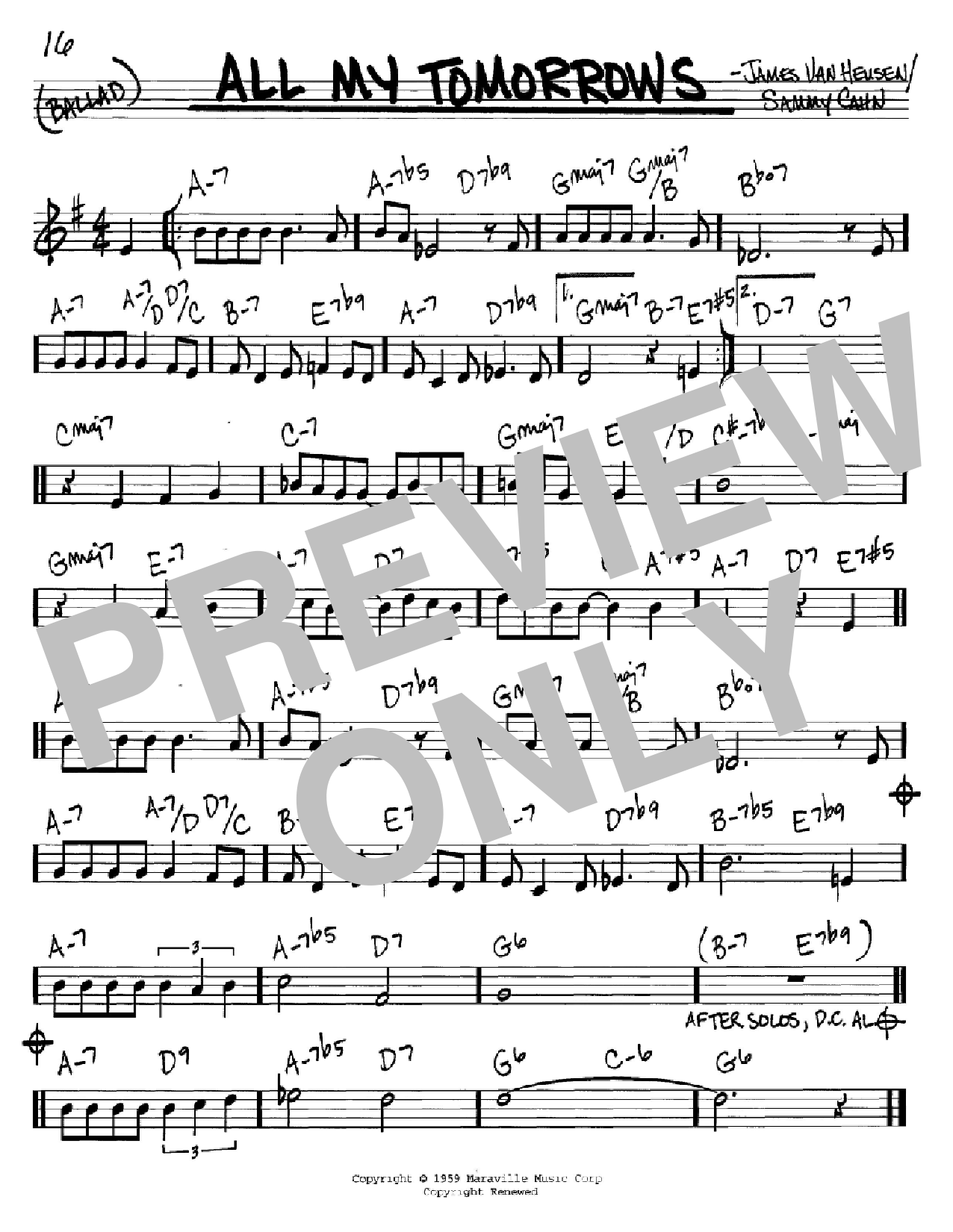 Download Sammy Cahn All My Tomorrows Sheet Music and learn how to play Real Book – Melody & Chords – C Instruments PDF digital score in minutes