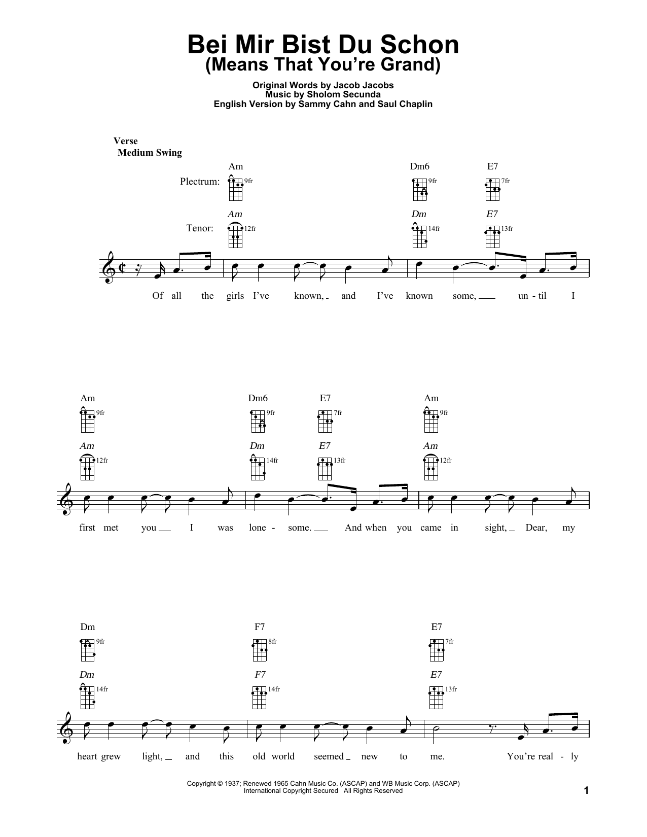 Download Sammy Cahn Bei Mir Bist Du Schon (Means That You're Grand) Sheet Music and learn how to play Banjo PDF digital score in minutes