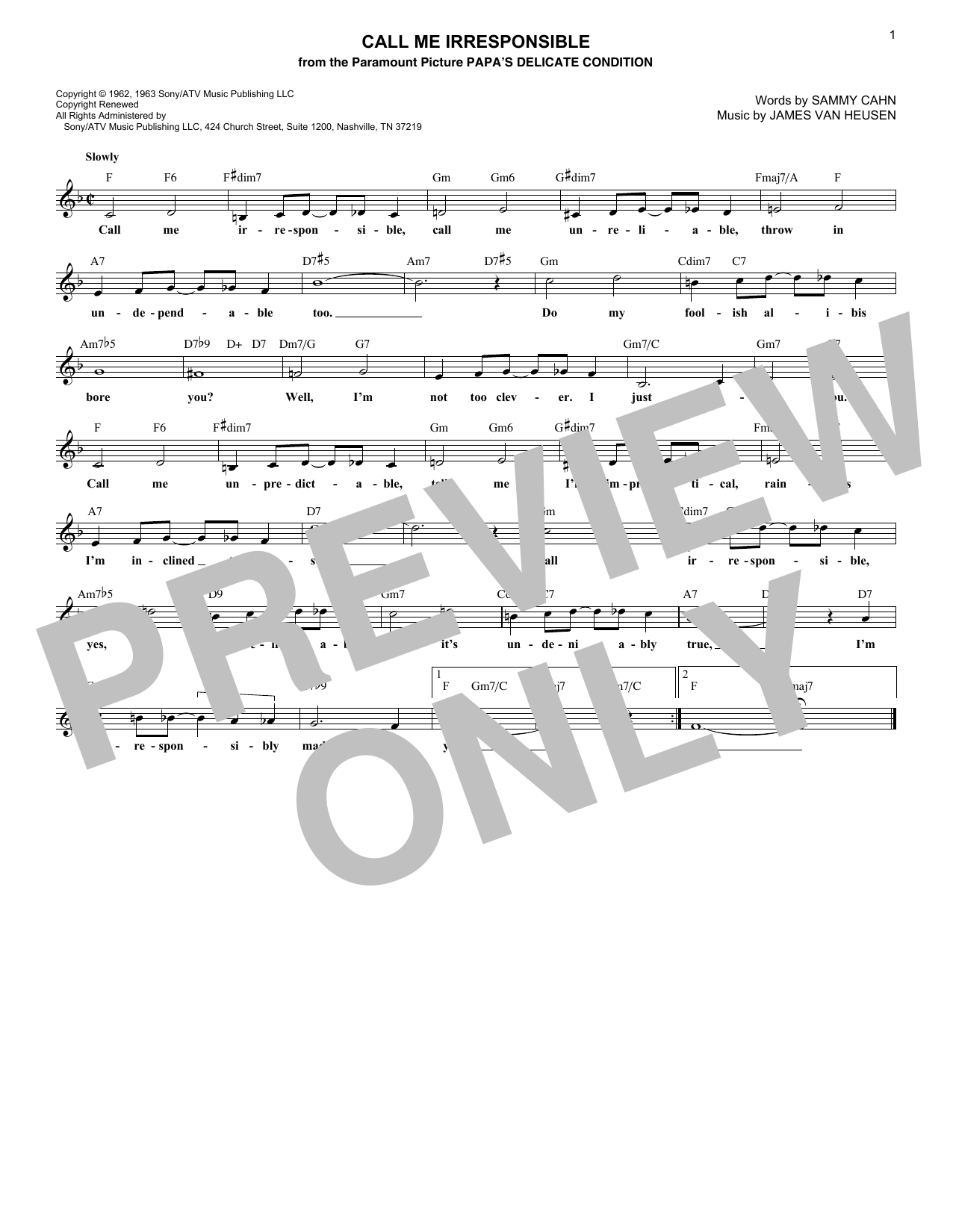 Download Sammy Cahn Call Me Irresponsible Sheet Music and learn how to play Melody Line, Lyrics & Chords PDF digital score in minutes