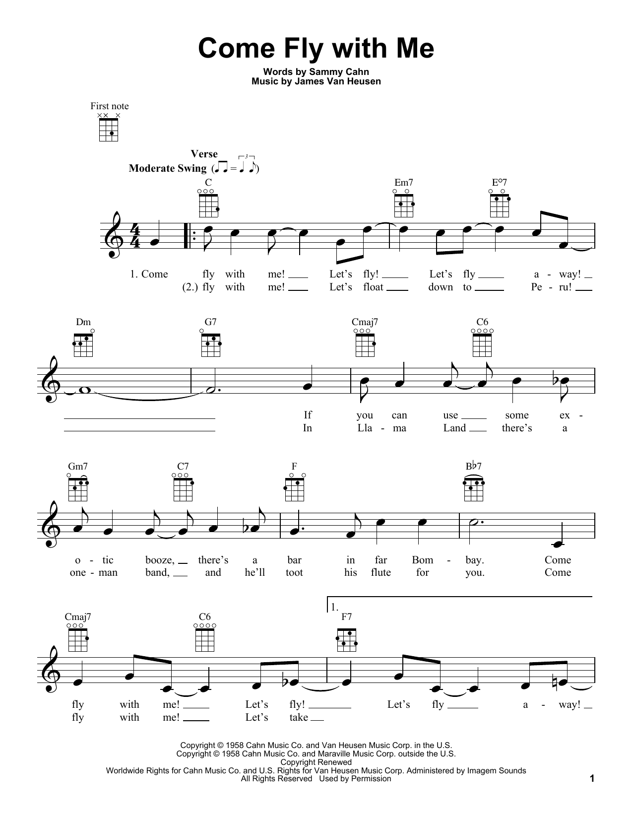 Download Sammy Cahn Come Fly With Me Sheet Music and learn how to play Ukulele PDF digital score in minutes