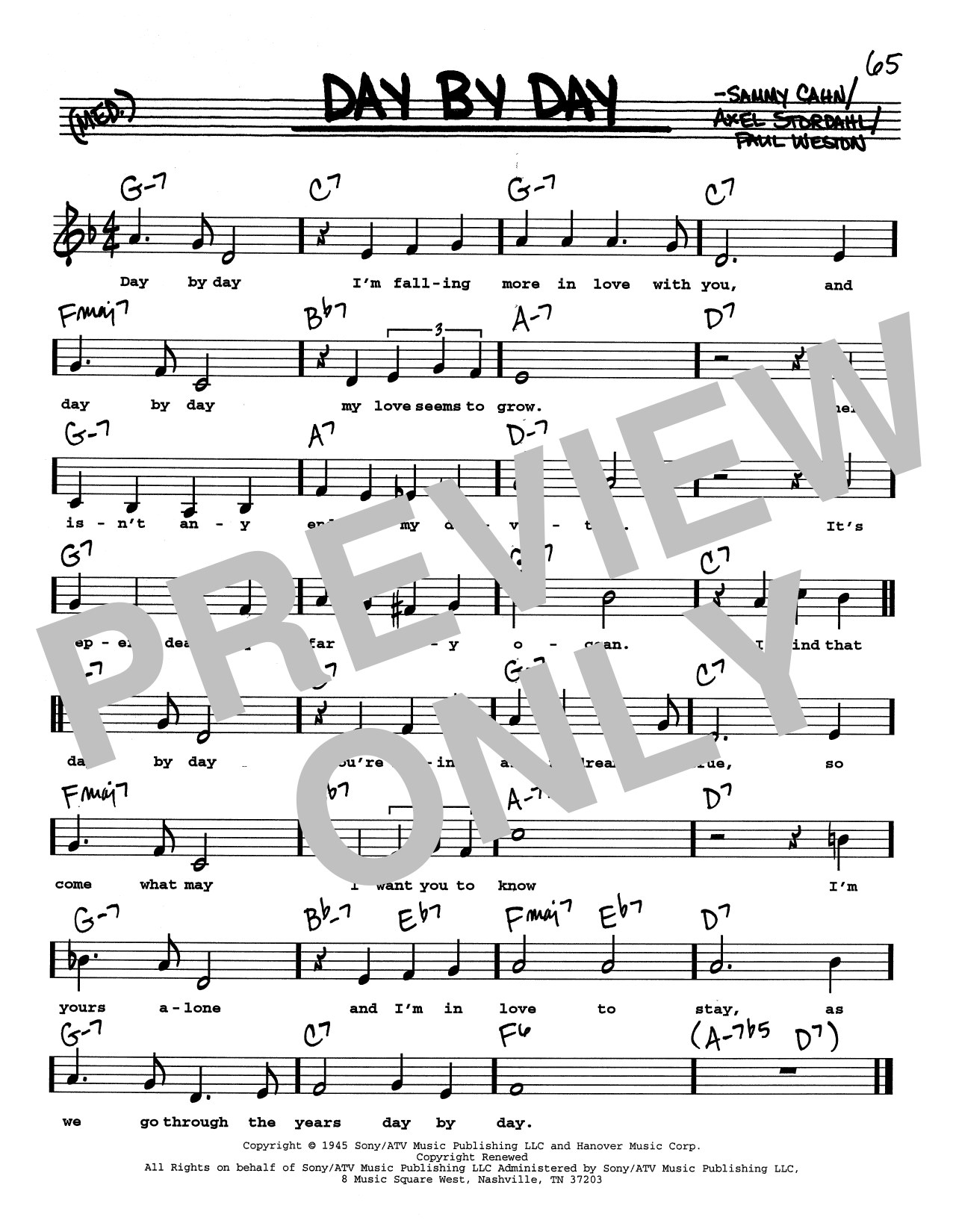 Download Sammy Cahn Day By Day (Low Voice) Sheet Music and learn how to play Real Book – Melody, Lyrics & Chords PDF digital score in minutes