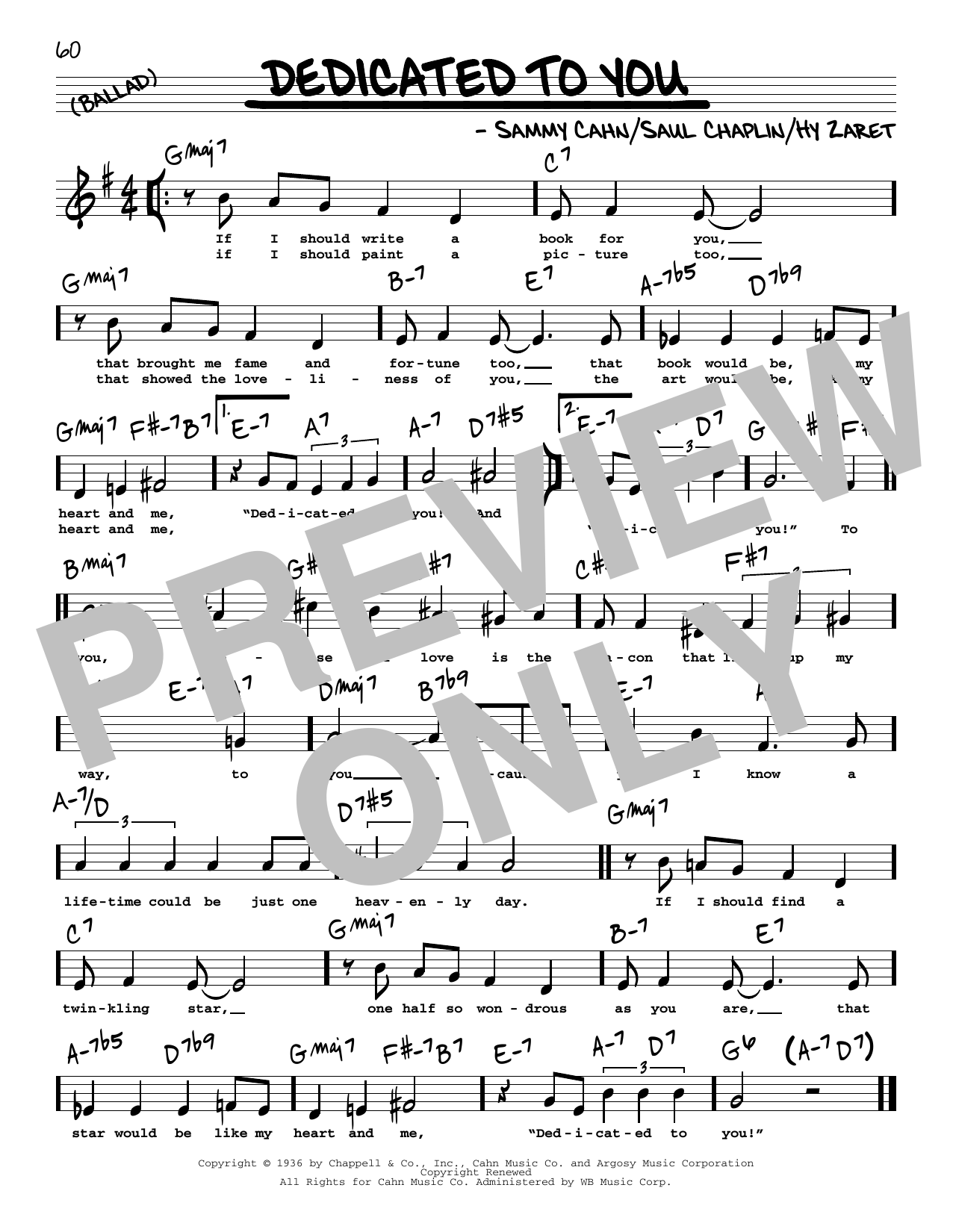 Download Sammy Cahn Dedicated To You (High Voice) Sheet Music and learn how to play Real Book – Melody, Lyrics & Chords PDF digital score in minutes