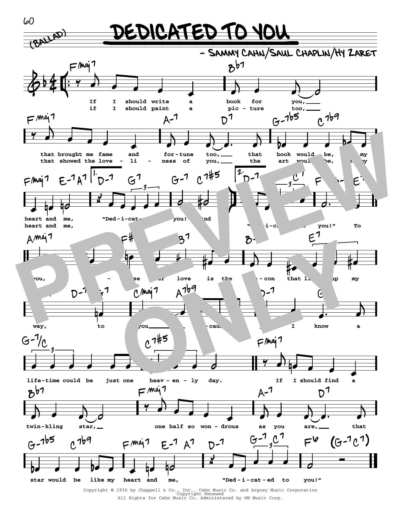 Download Sammy Cahn Dedicated To You (Low Voice) Sheet Music and learn how to play Real Book – Melody, Lyrics & Chords PDF digital score in minutes